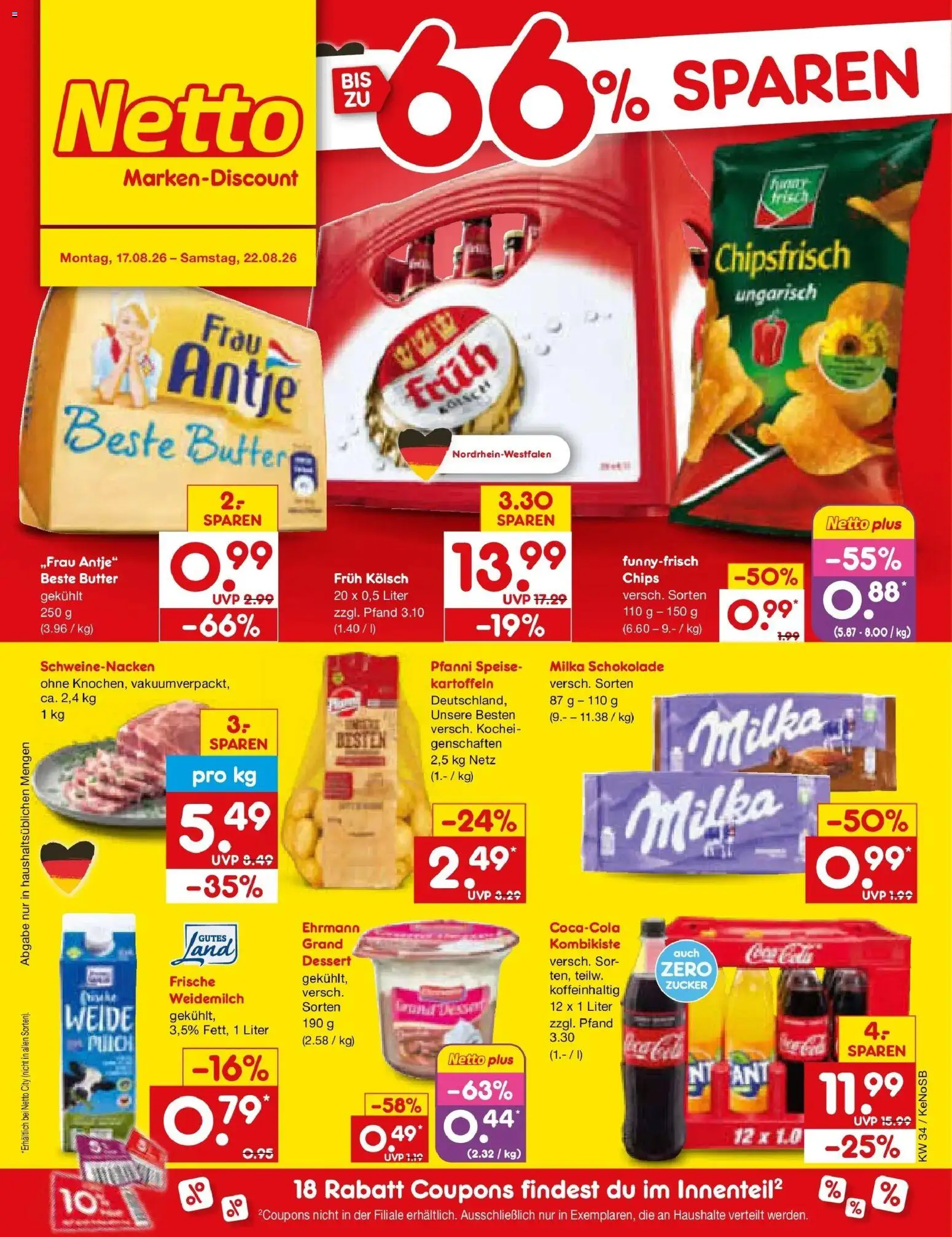 Netto Marken-Discount Prospekt Bonn – gültig ab 17.08.2026 | Seite: 1 | Produkte: Milka schokolade, Schweinenacken, Zucker, Chips