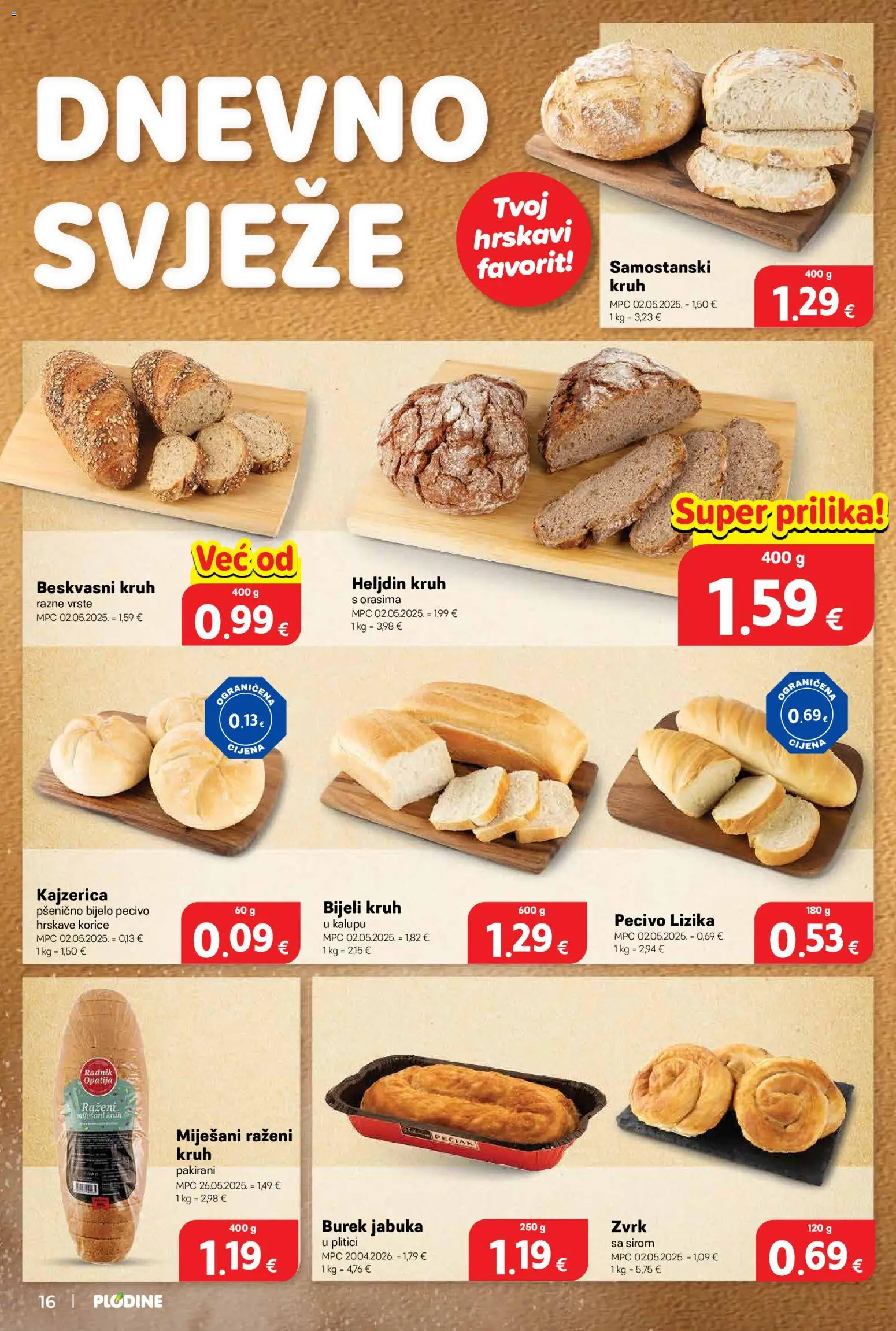 Plodine katalog | vrijedi od 27.05.2026 | Stranica: 16 | Proizvodi: Kruh, Burek, Pecivo, Jabuka