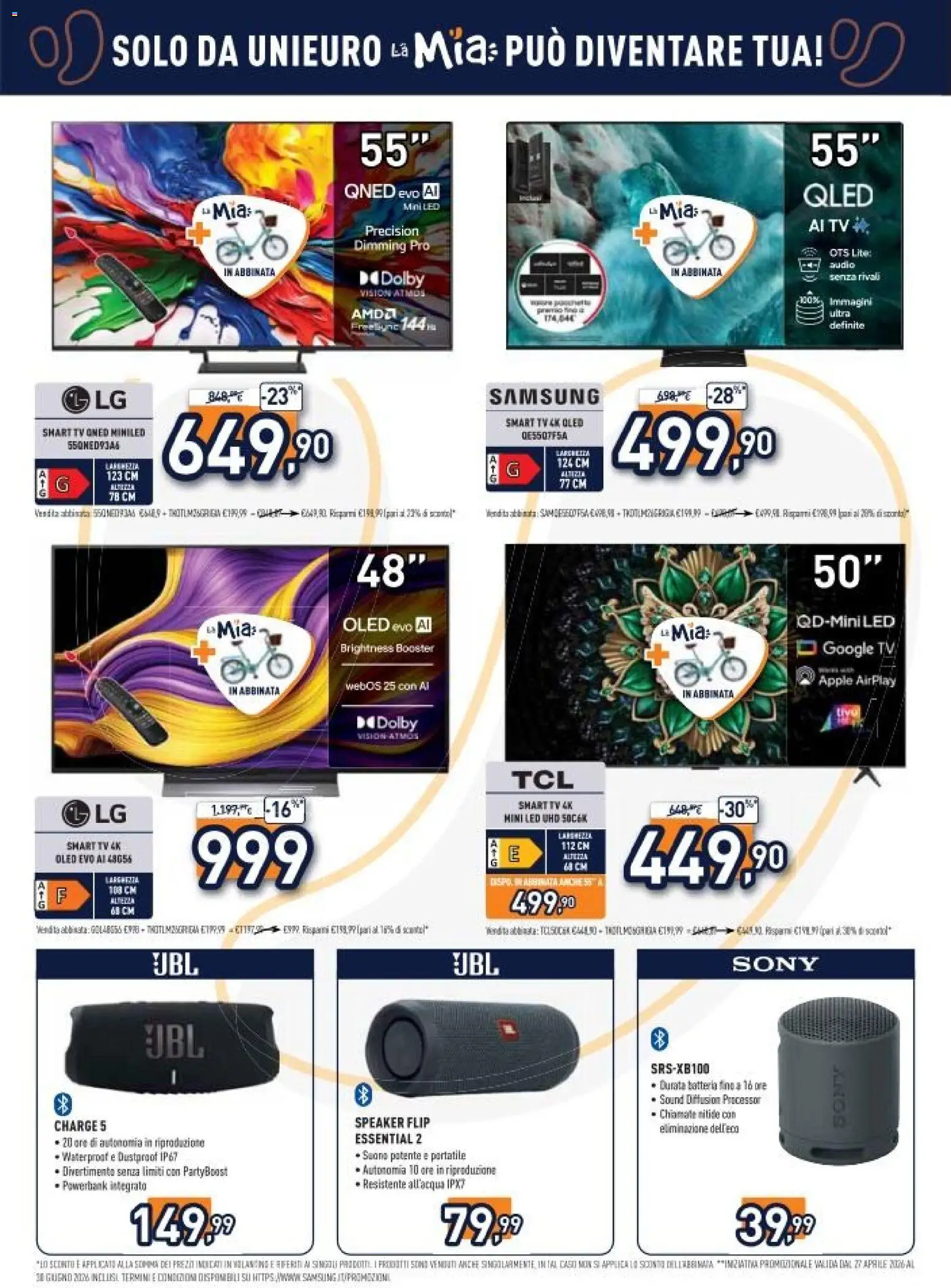 Volantino Unieuro del 29.05.2026 | Pagina: 4 | Prodotti: smart TV, Speaker, Batteria, Samsung