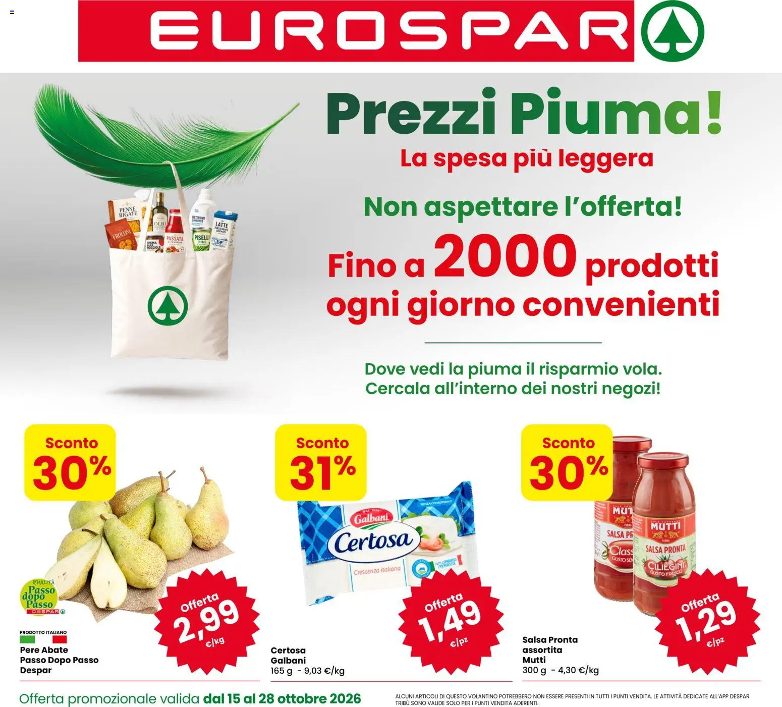 Volantino Eurospar del 15/10/2026 | Pagina: 1 | Prodotti: Salsa, Latte, Olio, Crescenza