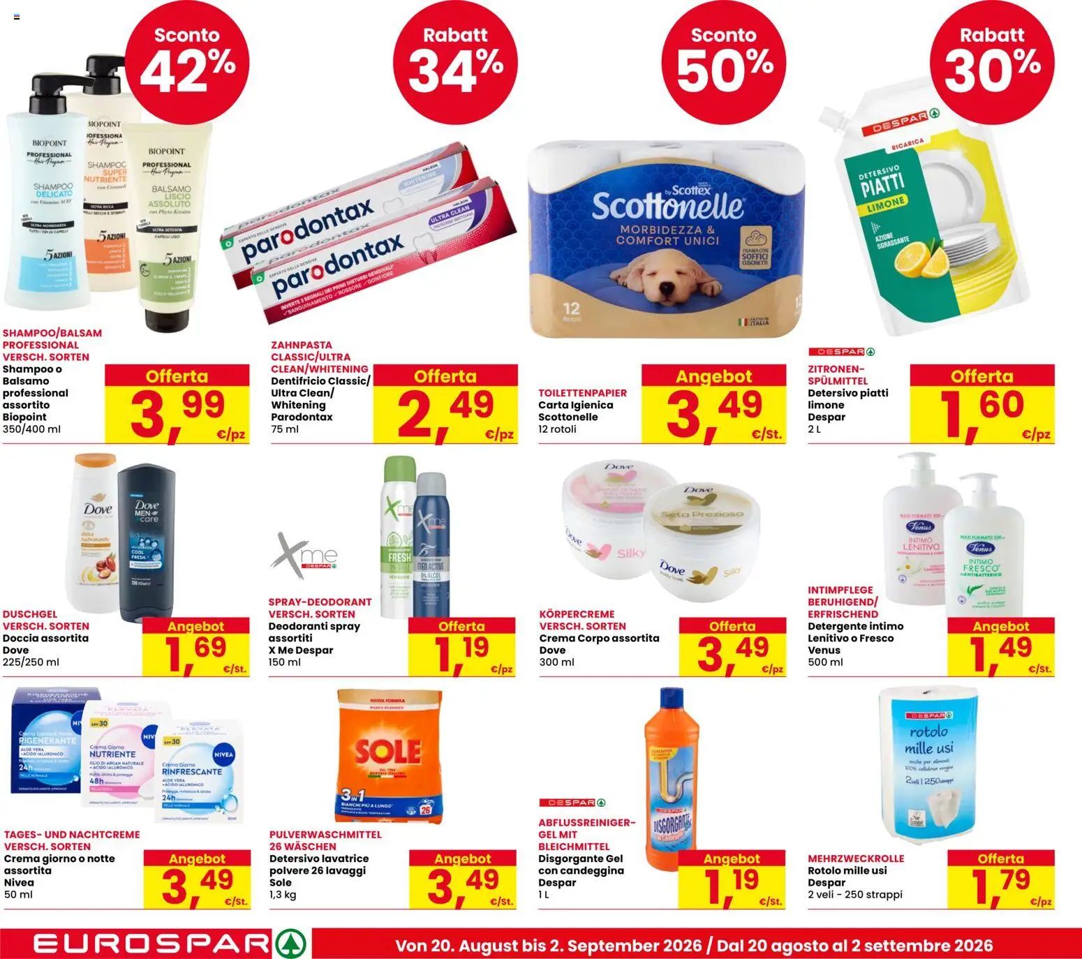 Volantino Eurospar del 20/08/2026 | Pagina: 22 | Prodotti: Shampoo, Balsamo, Alcol, Carta igienica
