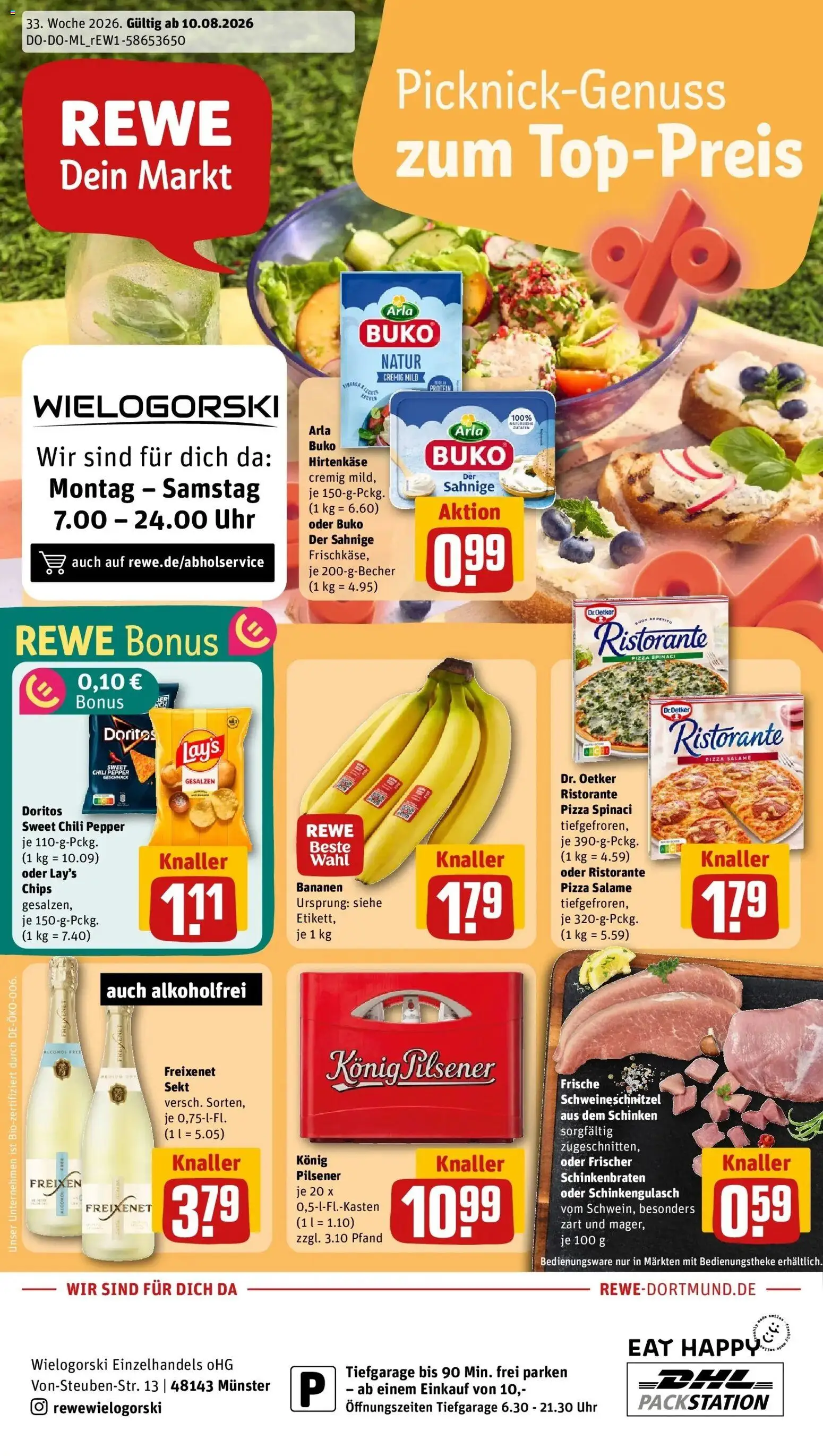 REWE Prospekt ab 10.08.2026 zum Blättern » Angebote | Seite: 1 | Produkte: Ristorante, Arla buko, Chips, Uhr
