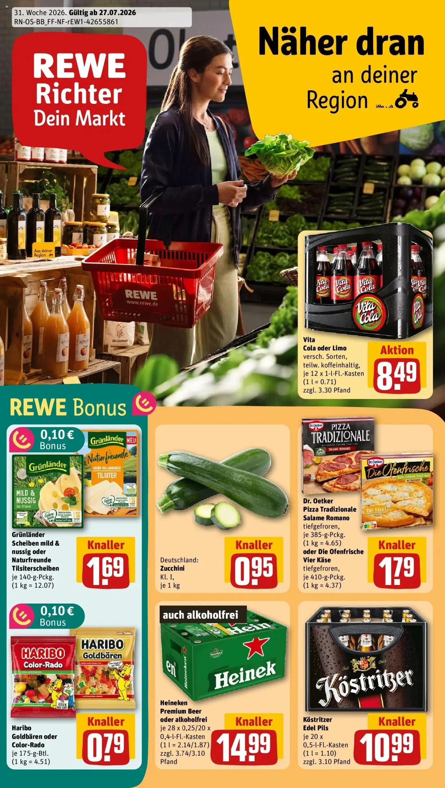 Rewe Prospekt Templin – gültig ab 27.07.2026 | Seite: 1 | Produkte: Käse, Weizenmehl, Grunlander, Pizza