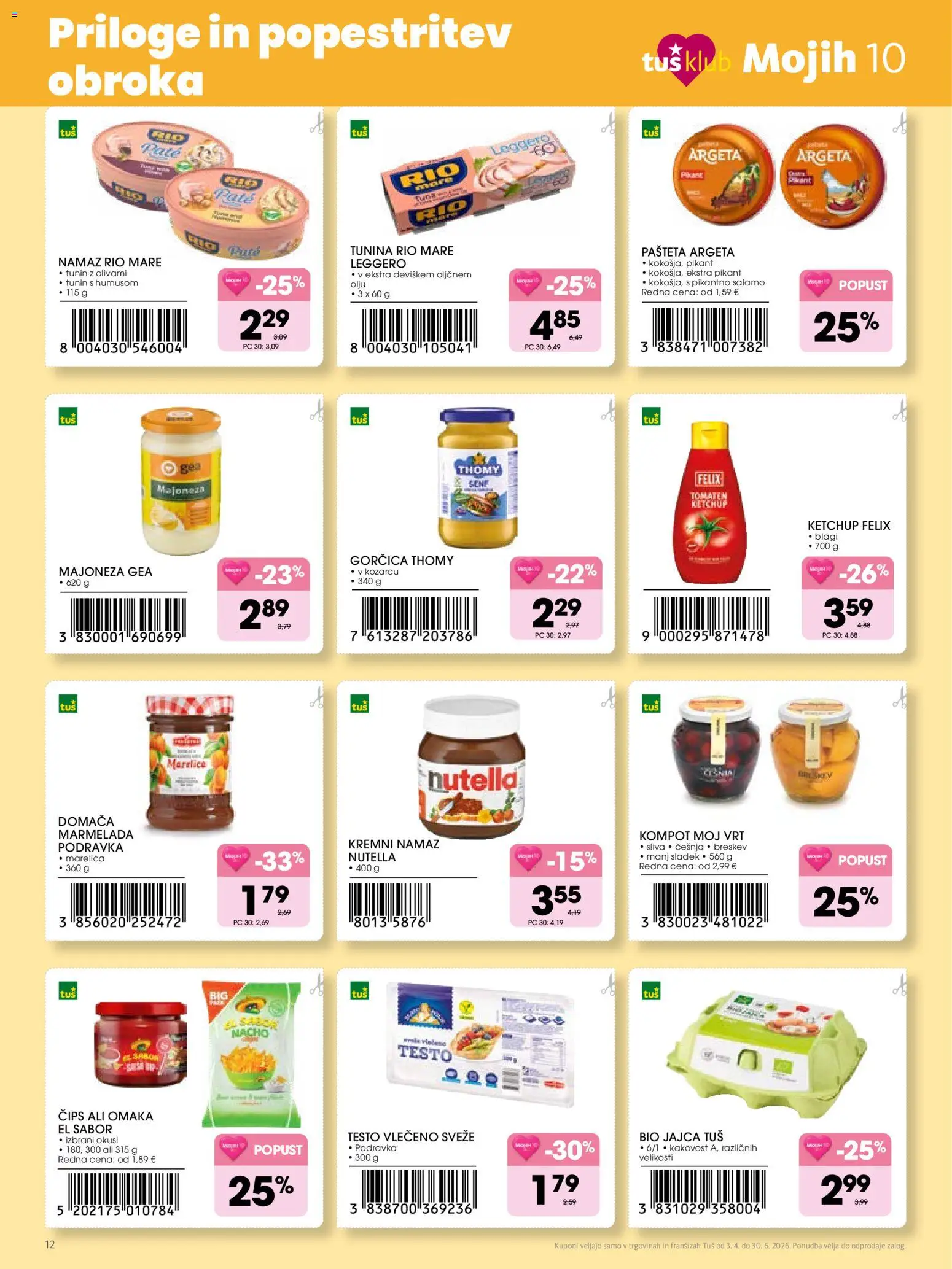 Novi Tuš katalog ponudbe – veljaven od 03.04.2026 | Stran: 12 | Izdelki: Pašteta, Gorčica, Jajca, Cips