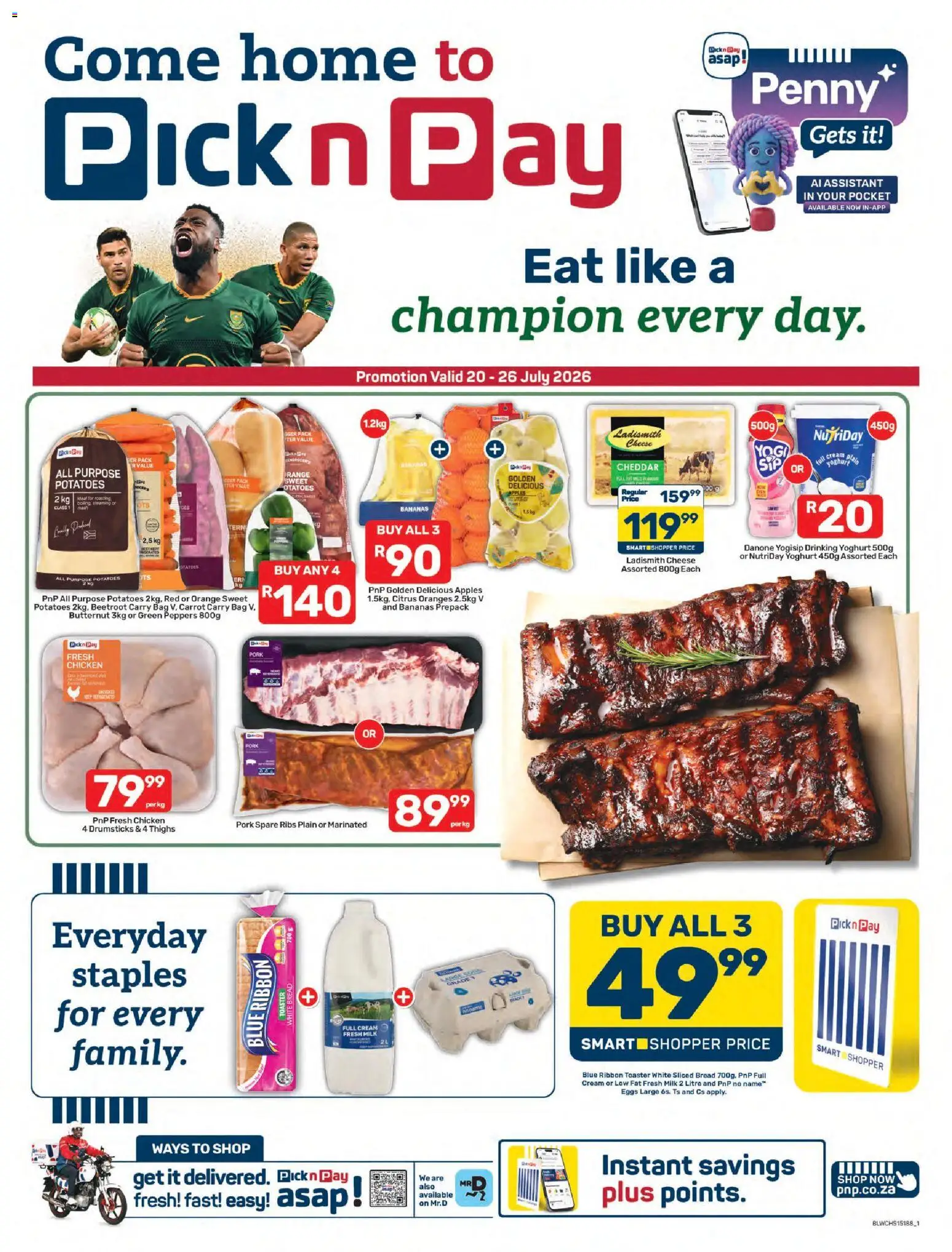 New Pick n Pay catalogue – valid from 20/07/2026 | Page: 1 | Products: Cheese, Bread, Chicken, Cream