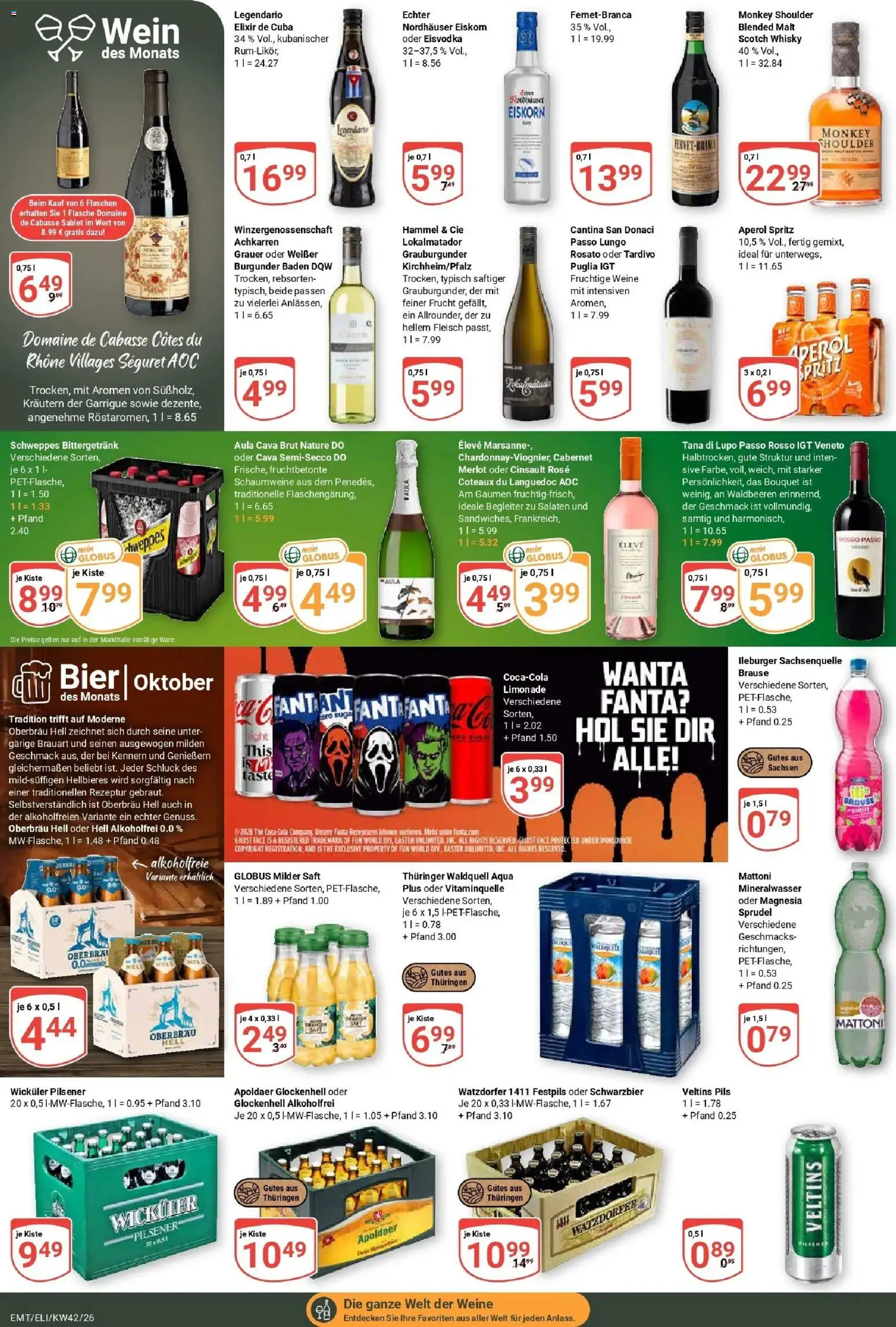 Globus Prospekt Mittelhausen (ab 12.10.2026) » Angebote online | Seite: 20 | Produkte: Fanta, Pils, Aperol, Wein