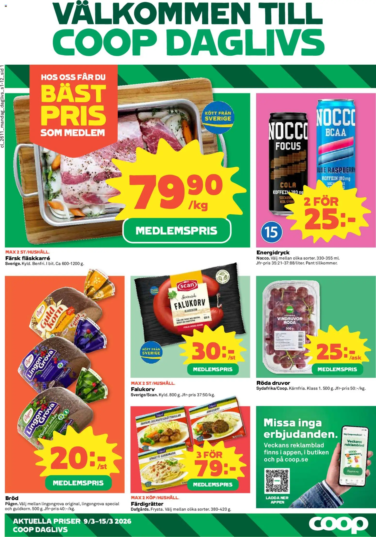 Coop Forum reklamblad aktuell från 09.03.2026 | Sida: 1 | Produkter: Lingongrova, Falukorv, Bröd, Energidryck