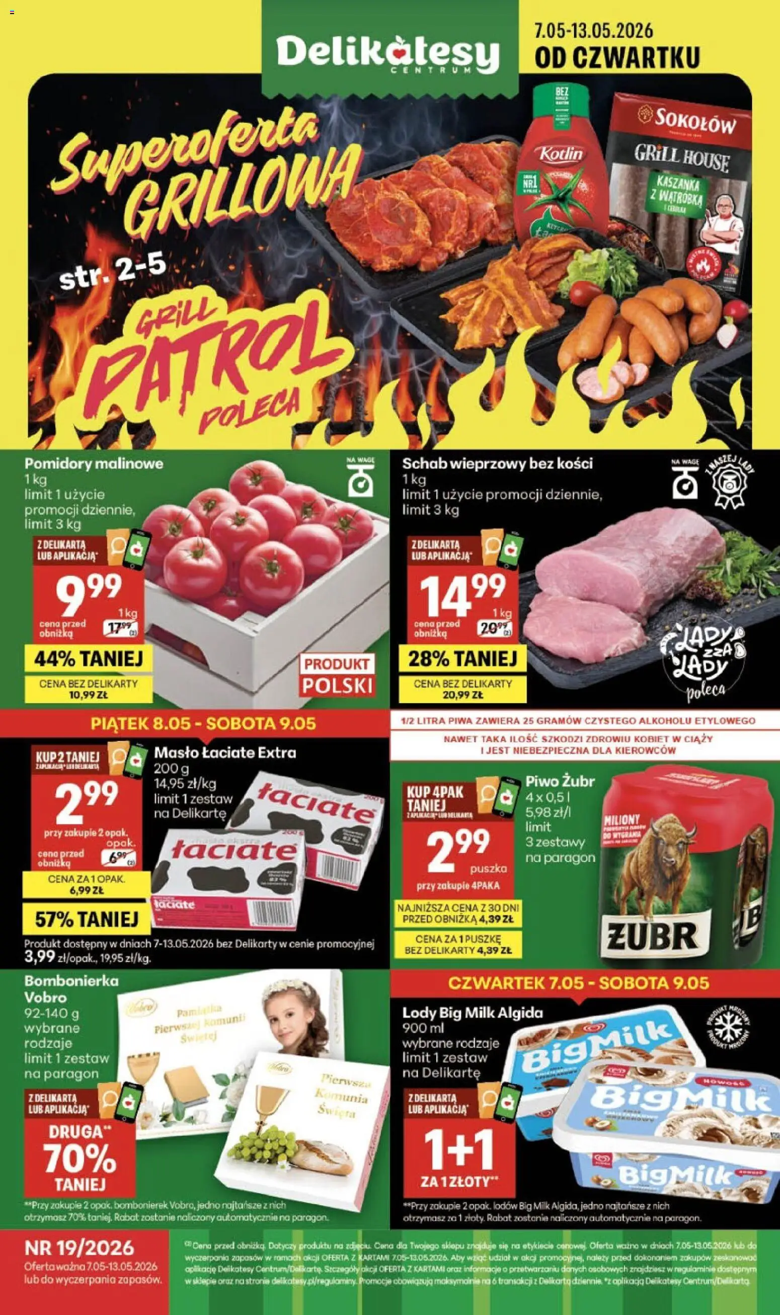 Delikatesy Centrum gazetka - Sklepy Własne od 07.05.2026 | Strona: 1 | Produkty: Piwo żubr, Schab, Kaszanka, Masło łaciate