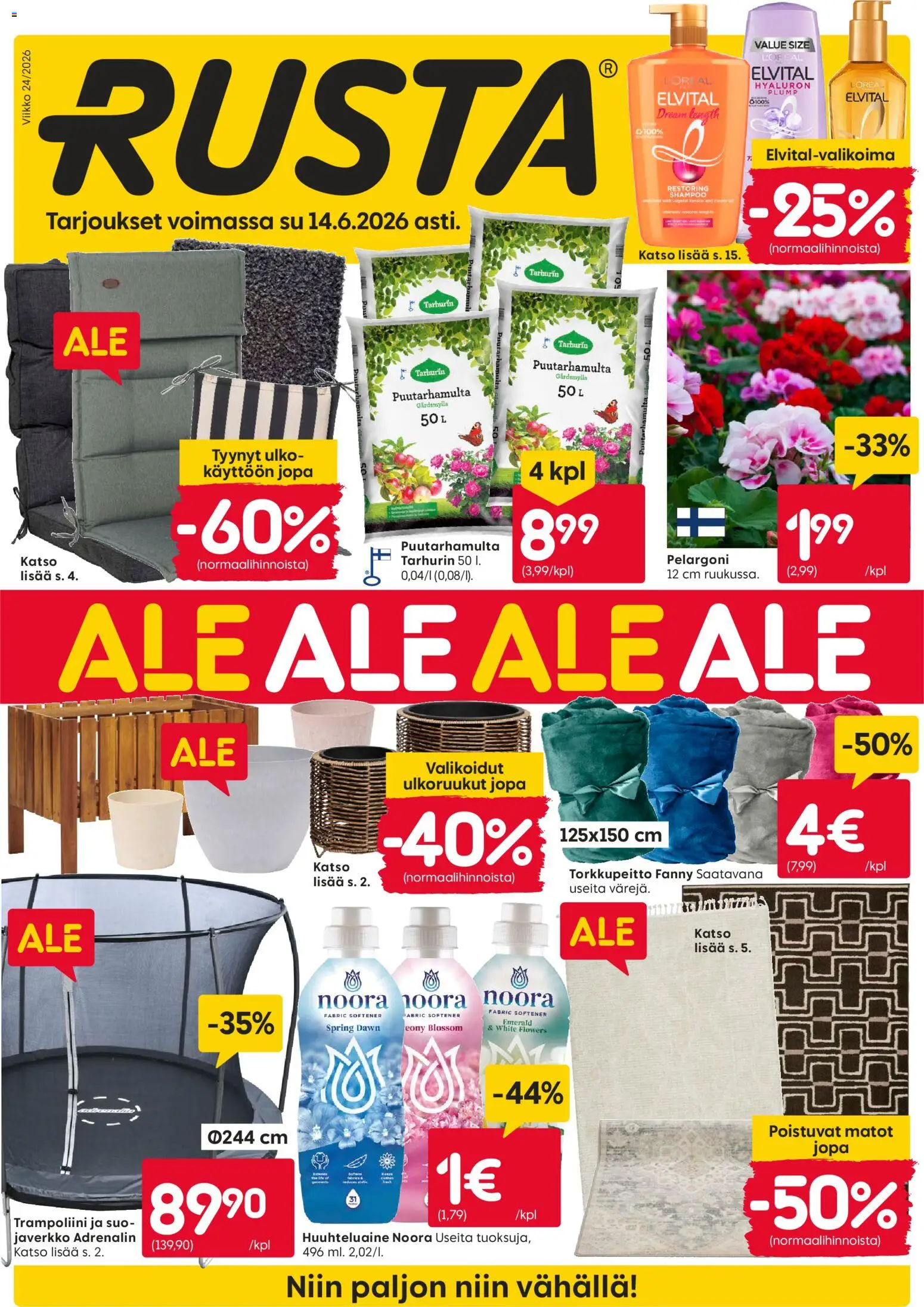 Rusta tarjoukset – voimassa 08.06.2026 alkaen | Sivu: 1 | Tuotteet: Matot, Shampoo, Huuhteluaine, Trampoliini
