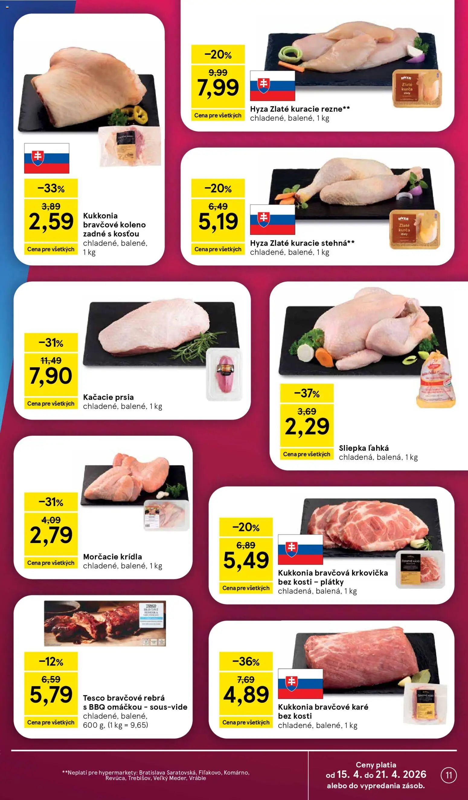 Nové Tesco akcie – leták je platný od 15.04.2026 | Strana: 11 | Produkty: Kuracie rezne, Krkovička, Kurča, Bravčové karé