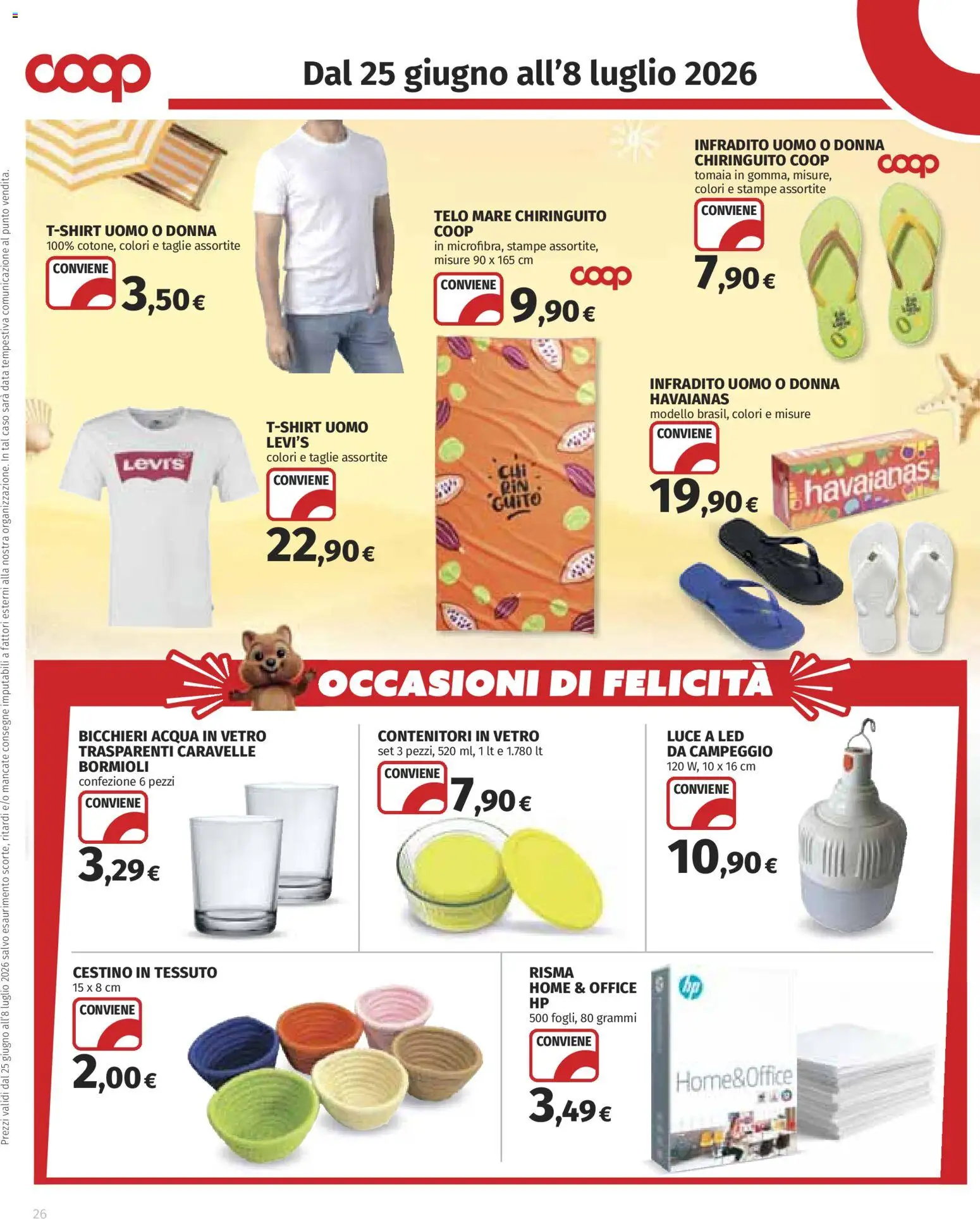 Volantino COOP del 25/06/2026 | Pagina: 26 | Prodotti: Acqua, Infradito, Data, Cestino