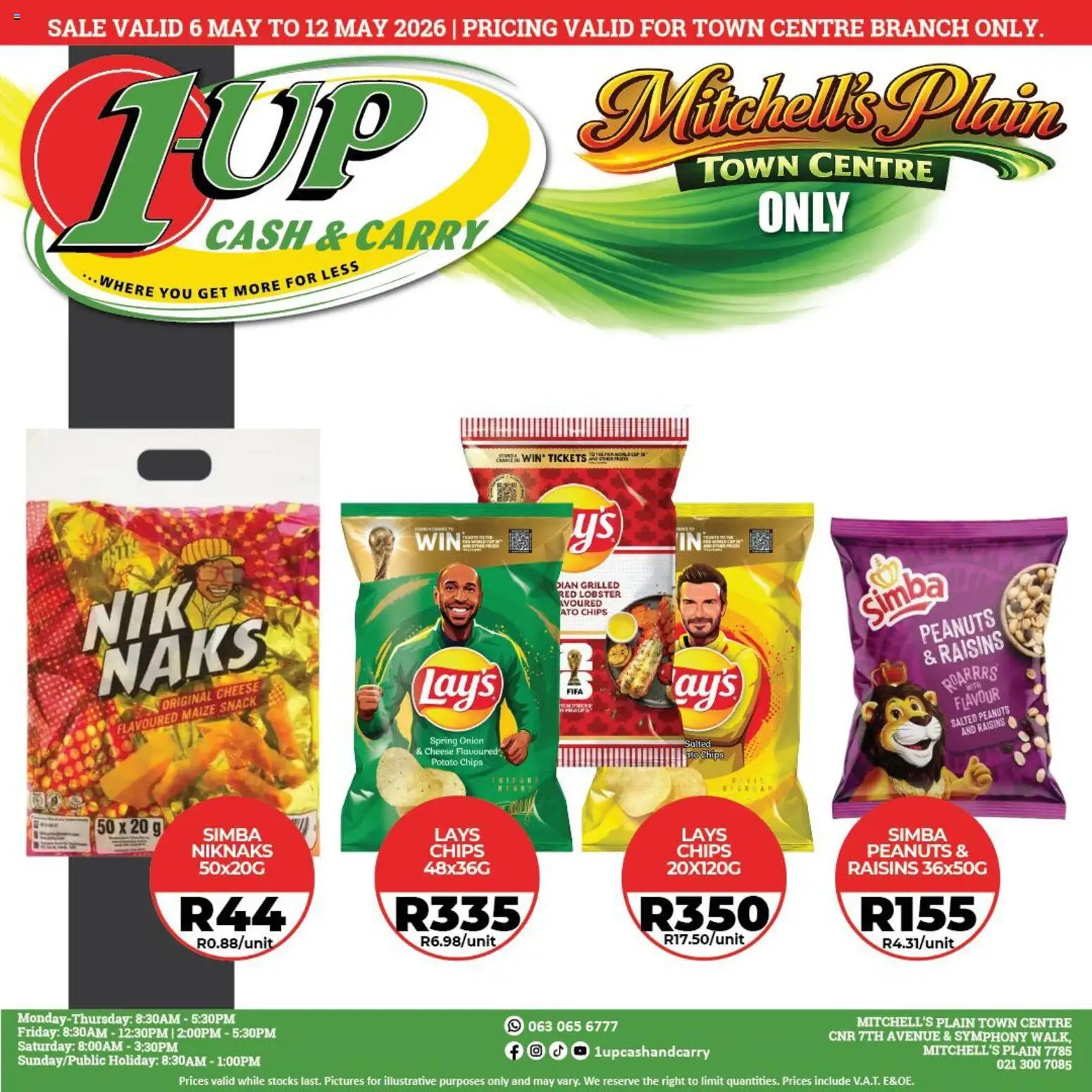 New 1UP Cash & Carry catalogue – valid from 06.05.2026 | Page: 1 | Products: Cheese, Chips, Peanuts, Raisins