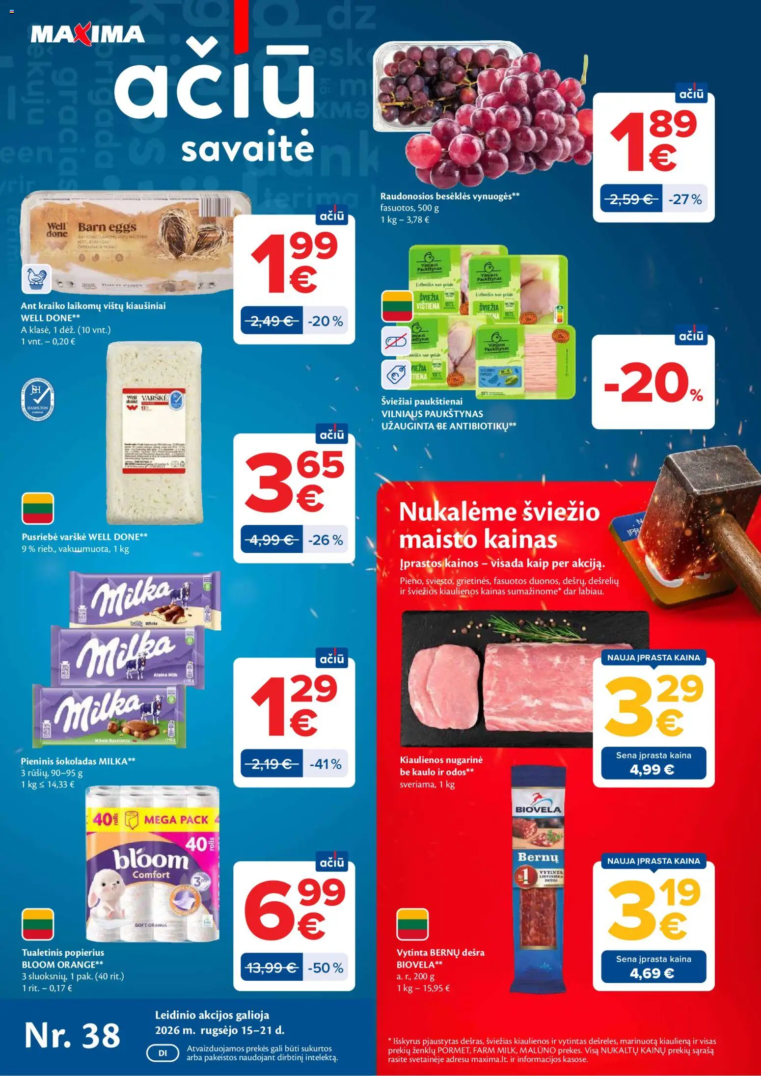 MAXIMA akcijos nuo 2026.09.15 | Puslapis: 1 | Prekių: Kiaulienos, Varškė, Dešra, Tualetinis popierius