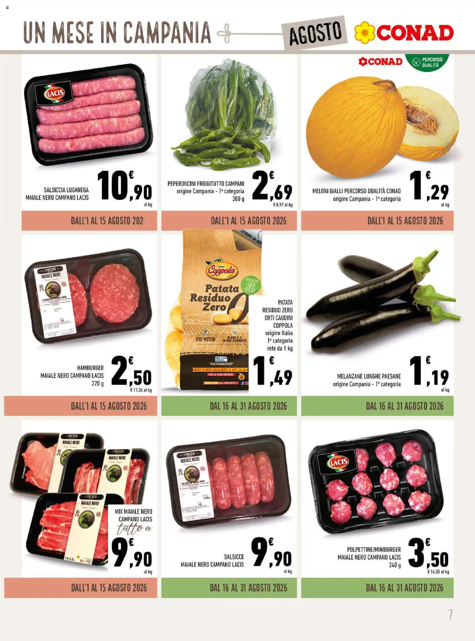 Volantino Conad del 01/08/2026 | Pagina: 7 | Prodotti: Maiale, Salsiccia, Melanzane, Hamburger