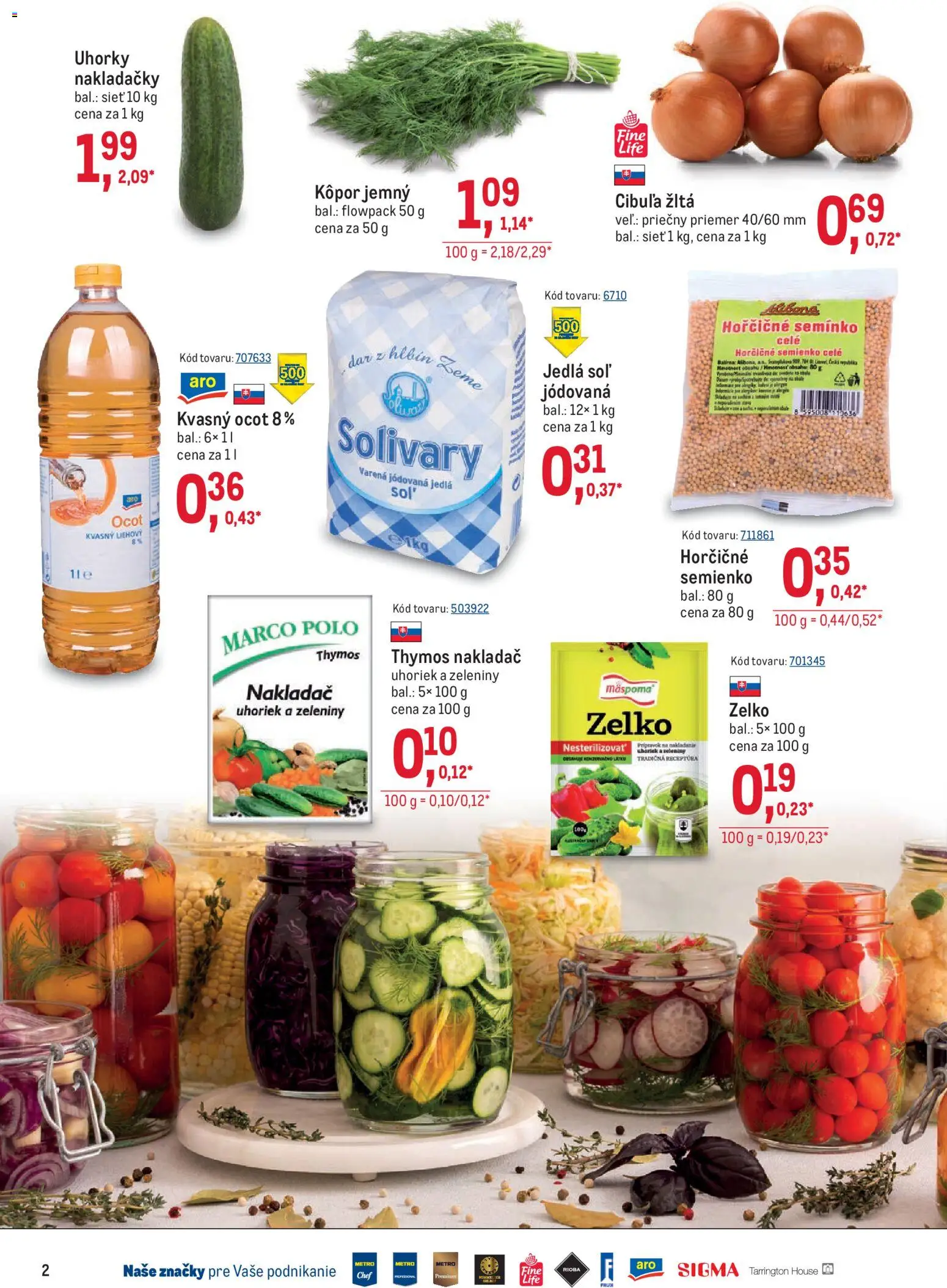 Nové Metro akcie – leták je platný od 01.07.2026 | Strana: 2 | Produkty: Cibuľa, Soľ, Uhorky, Ocot