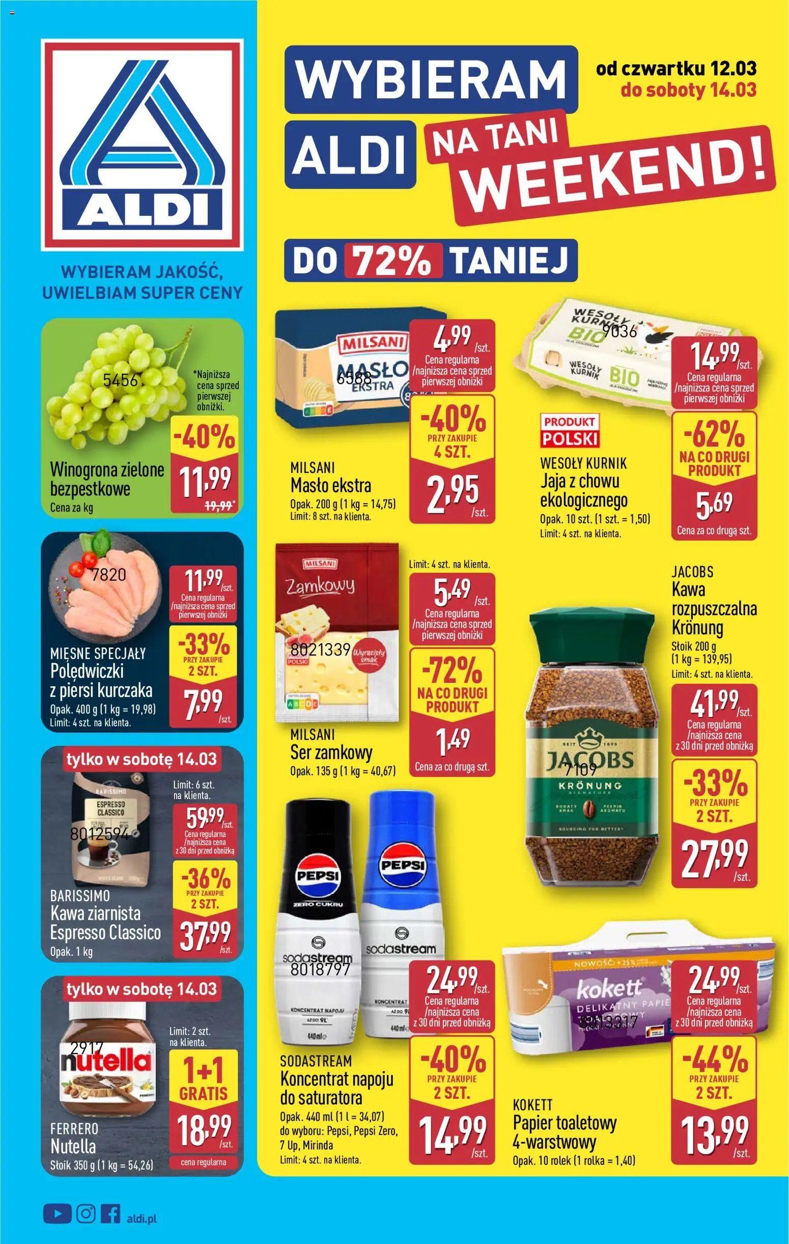 Aldi Polsko leták - Oferta weekendowa od 12.03.2026 | Strana: 1 | Produkty: Máslo, Pepsi, Jacobs, Nutella
