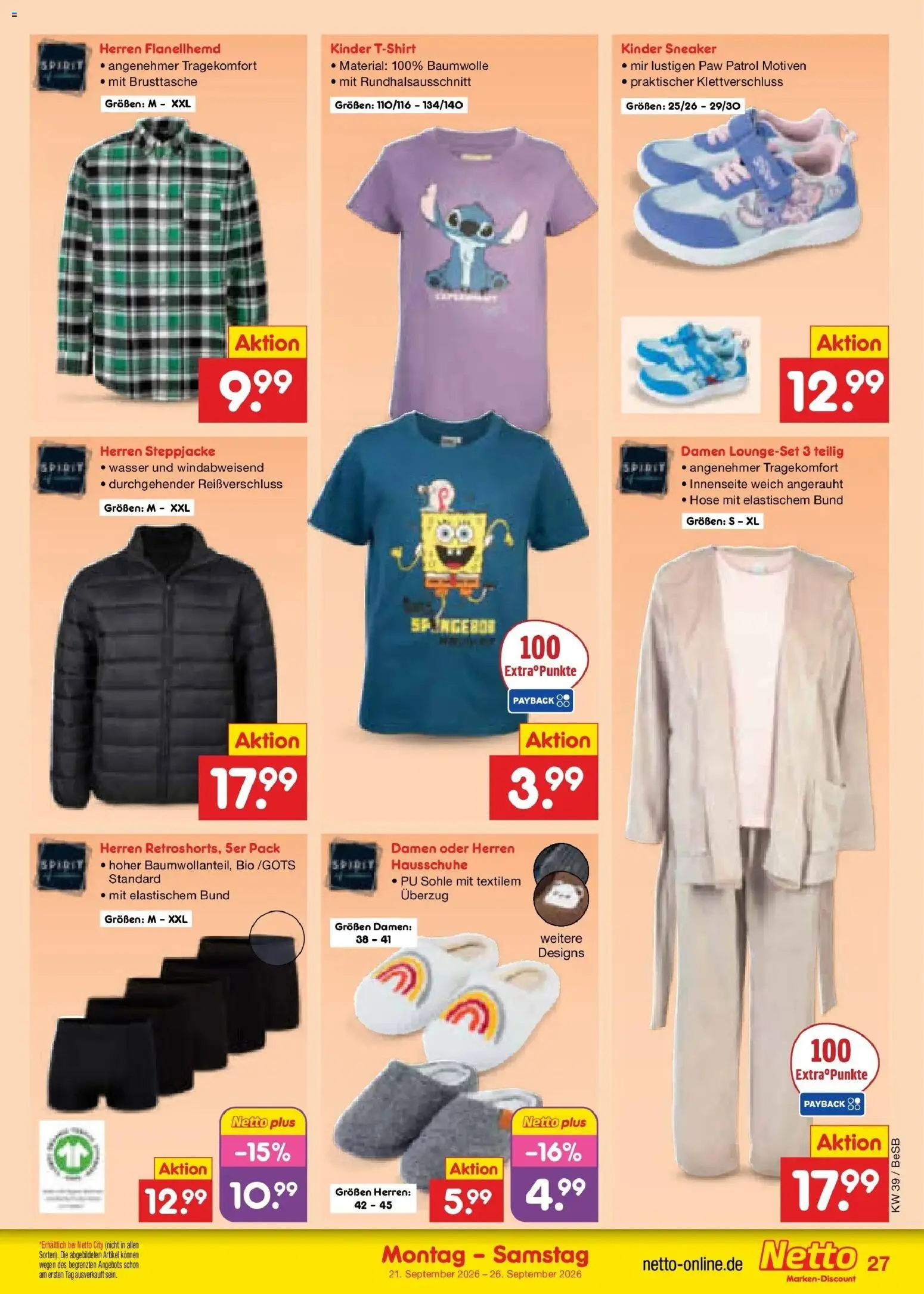 Netto Marken-Discount Prospekt Berlin-Prenzlauer Berg – gültig ab 21.09.2026 | Seite: 39 | Produkte: Steppjacke, Wasser, Hose, Hausschuhe