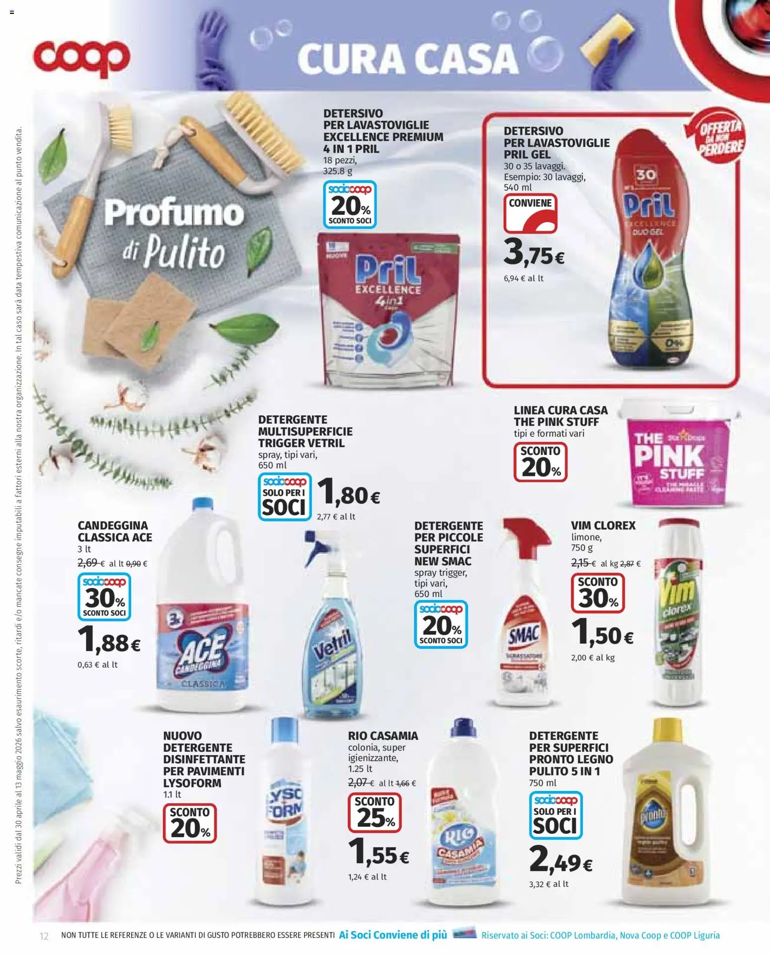 Volantino COOP del 30.04.2026 | Pagina: 12 | Prodotti: Detersivo per lavastoviglie, Candeggina, The, Profumo
