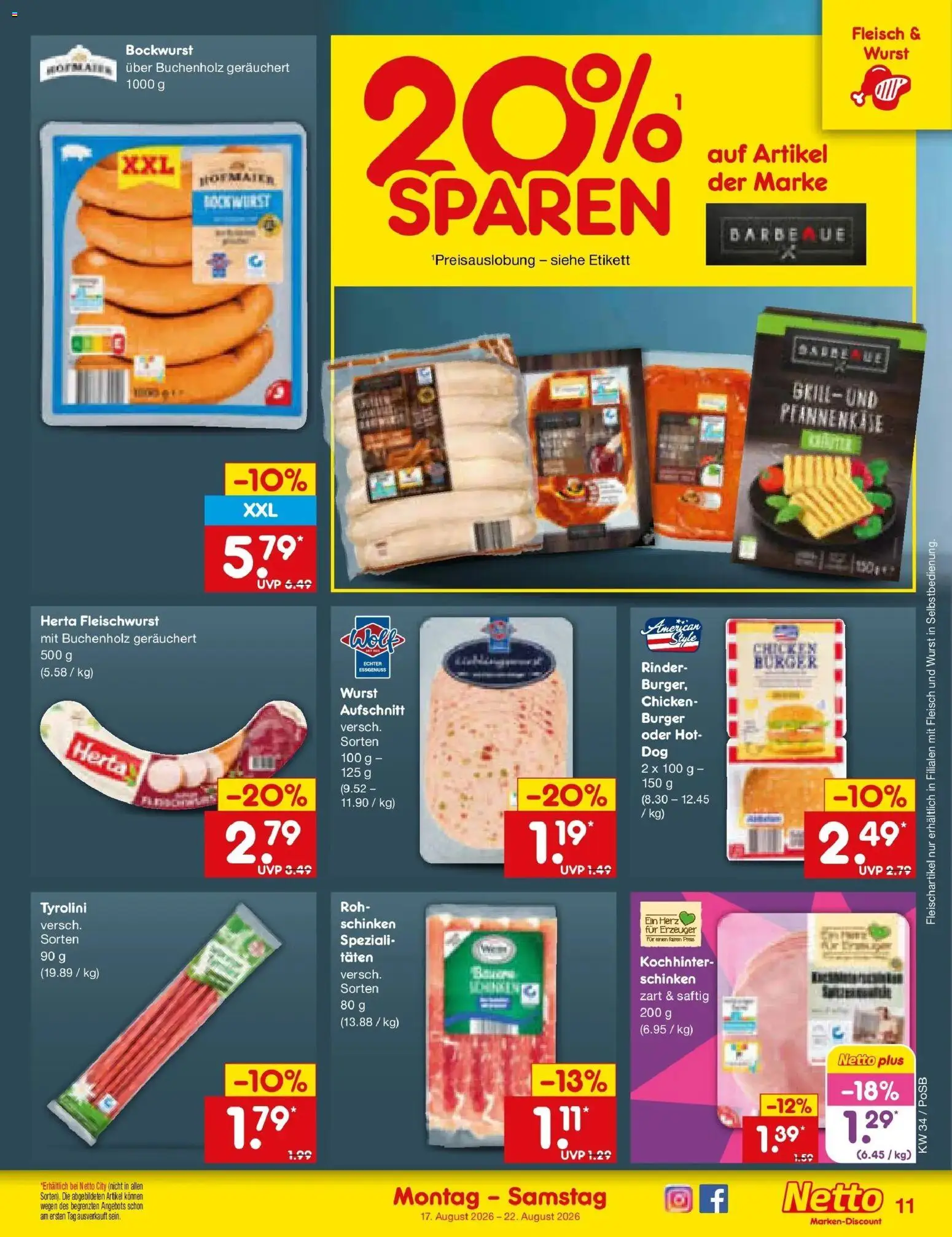 Netto Marken-Discount Prospekt Regensburg – gültig ab 17.08.2026 | Seite: 13 | Produkte: Bockwurst, Burger, Schinken, Fleisch