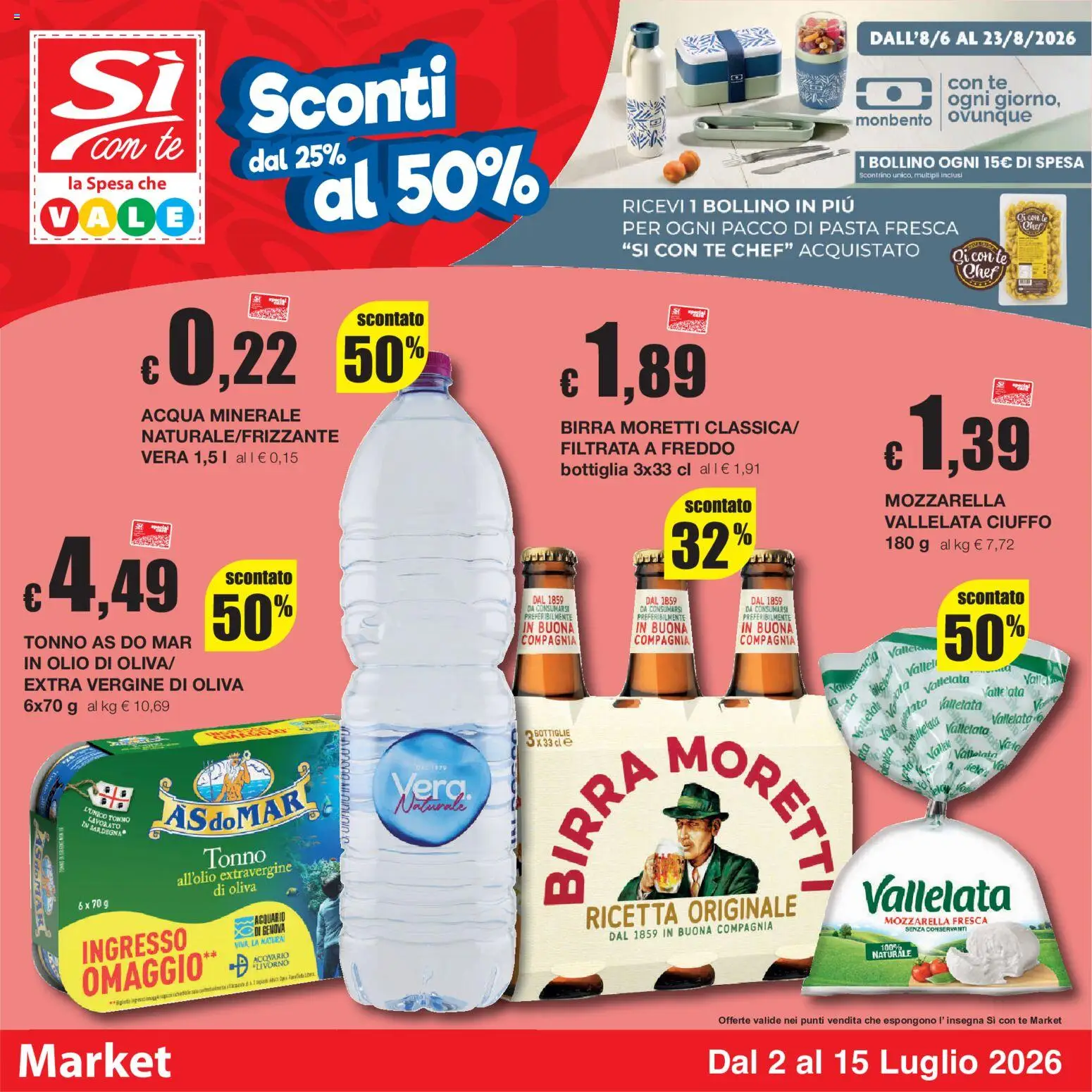 Volantino Sì con Te del 02/07/2026 | Pagina: 1 | Prodotti: Acqua, Pasta, Birra Moretti, Acqua minerale
