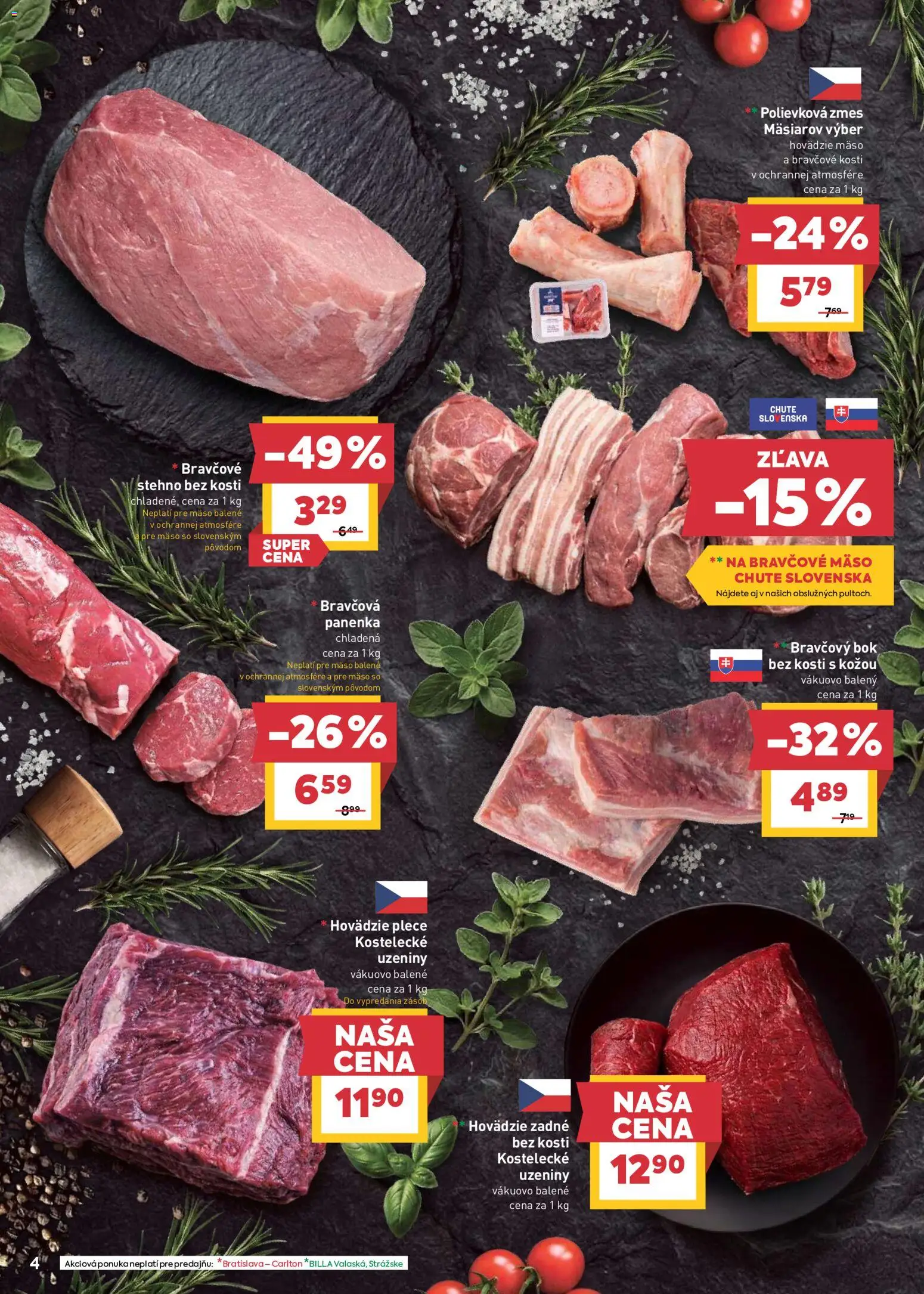 Nové Billa akcie – leták je platný od 13.05.2026 | Strana: 4 | Produkty: Hovädzie mäso, Bravčová panenka, Bravčové mäso