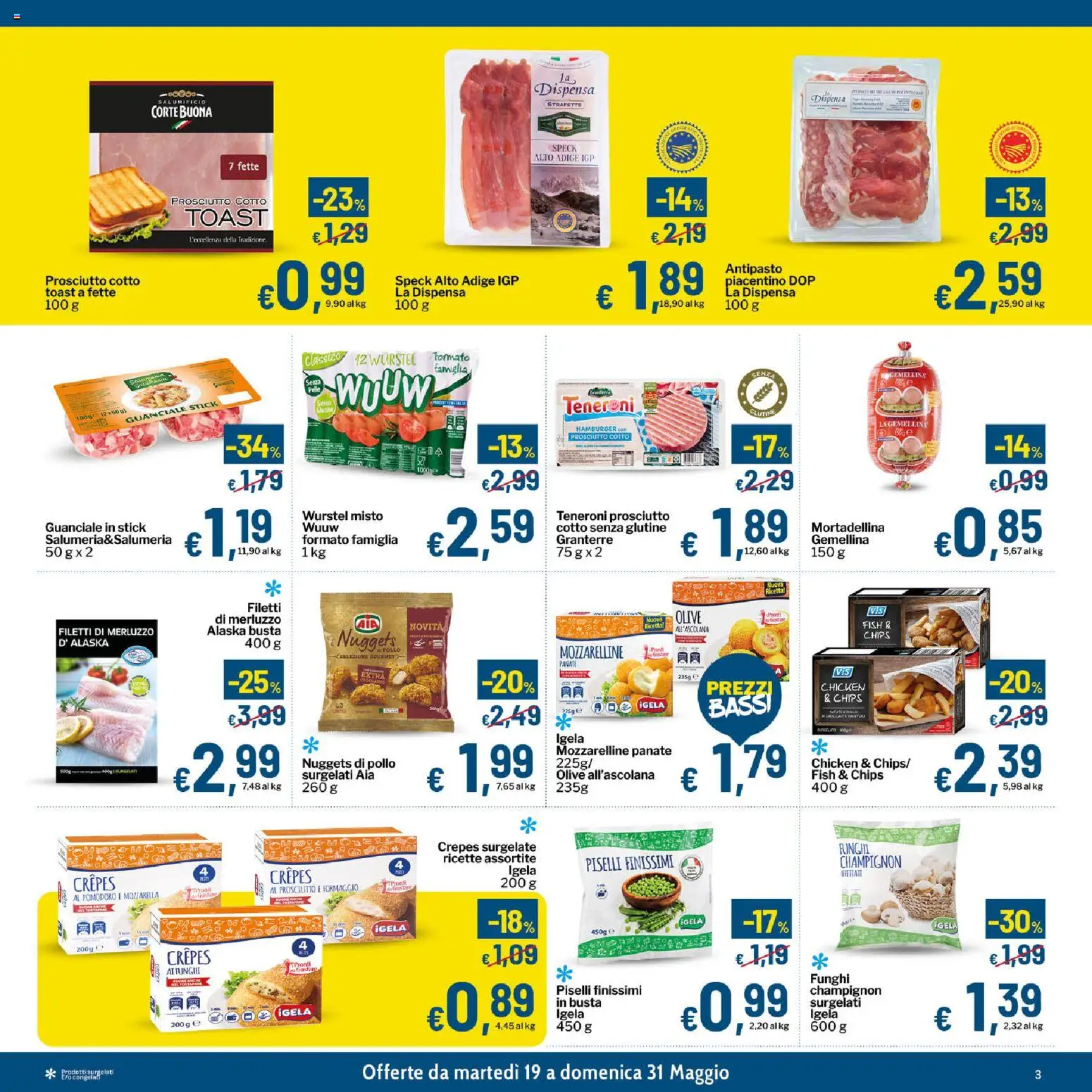 Volantino Qui Discount del 19.05.2026 | Pagina: 3 | Prodotti: Merluzzo, Nuggets, Hamburger, Guanciale