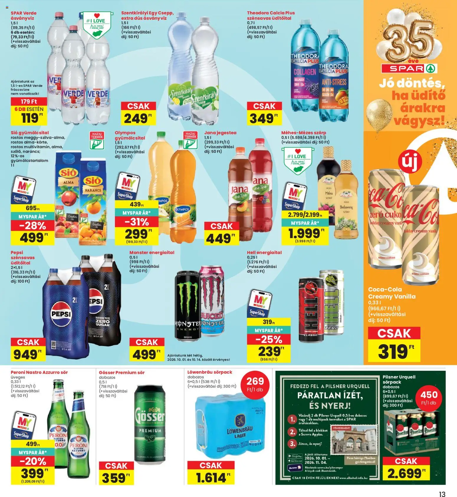 Interspar akciós ujság - amely érvényes a következő dátumtól: 2026.10.01. | Oldal: 13 | Termékek: Szörp, Löwenbräu, Szentkirályi, Sör