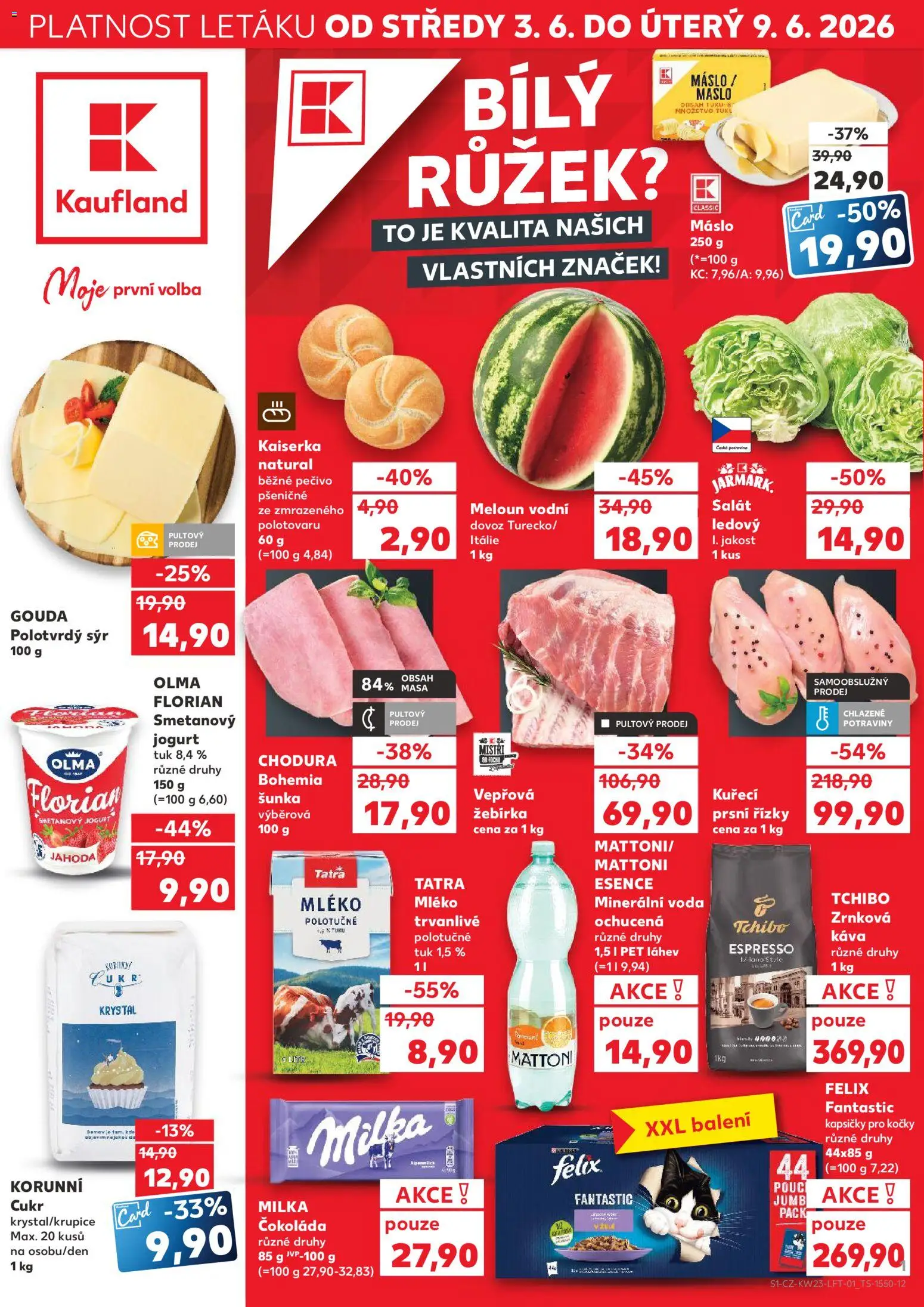 Kaufland leták - Praha 4 od 03.06.2026 | Strana: 1 | Produkty: Mléko polotučné, Milka, Kapsičky pro kočky, Pečivo
