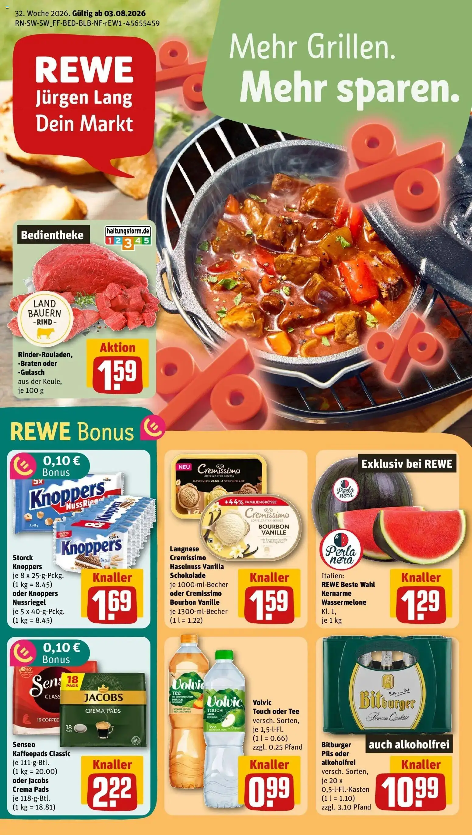 REWE Prospekt ab 03.08.2026 zum Blättern » Angebote | Seite: 1 | Produkte: Cremissimo, Pfirsich, Wassermelone, Volvic