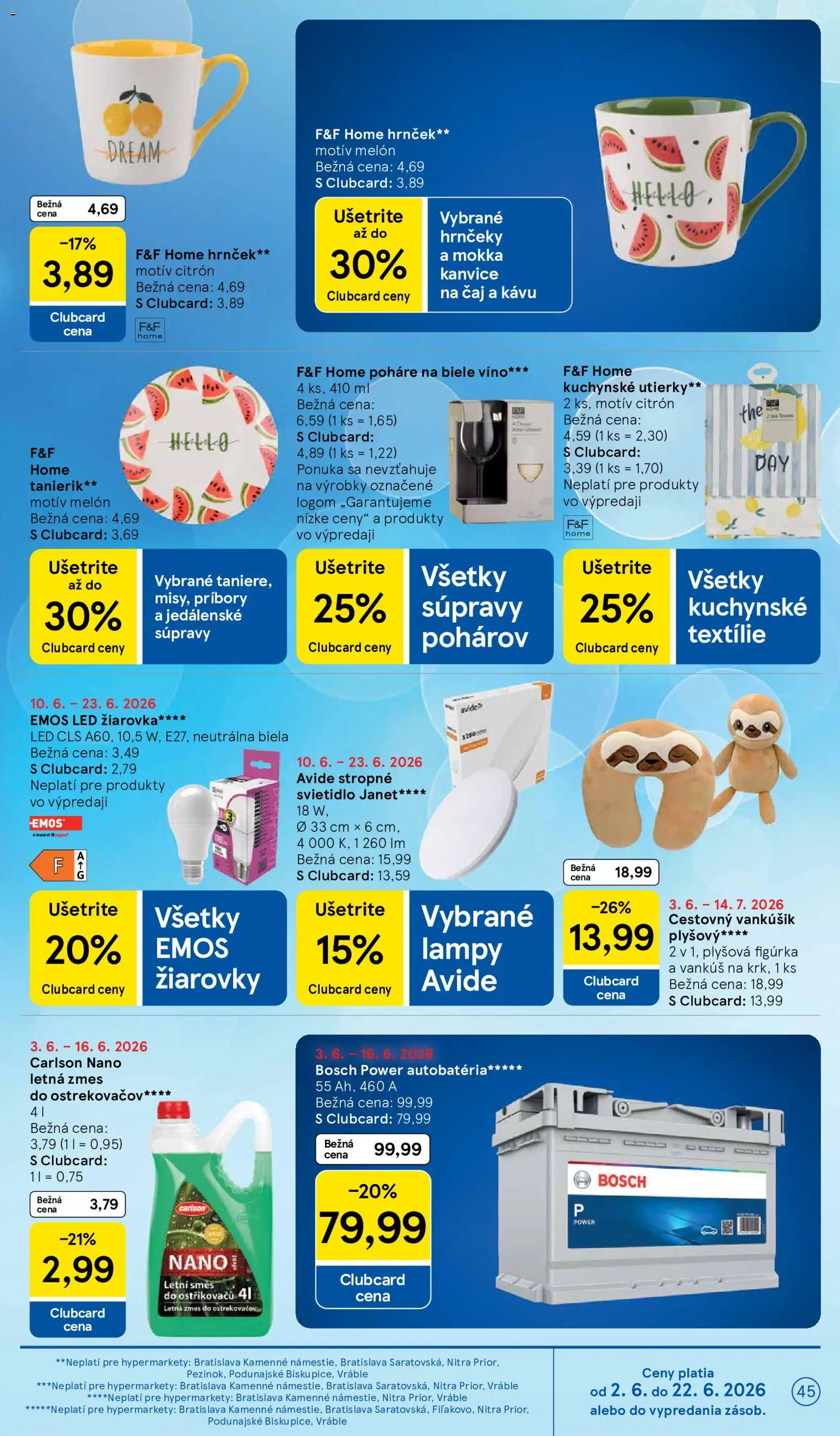 Nové Tesco akcie – leták je platný od 10.06.2026 | Strana: 45 | Produkty: Vankúš, Stropné svietidlo, Žiarovka, Žiarovky