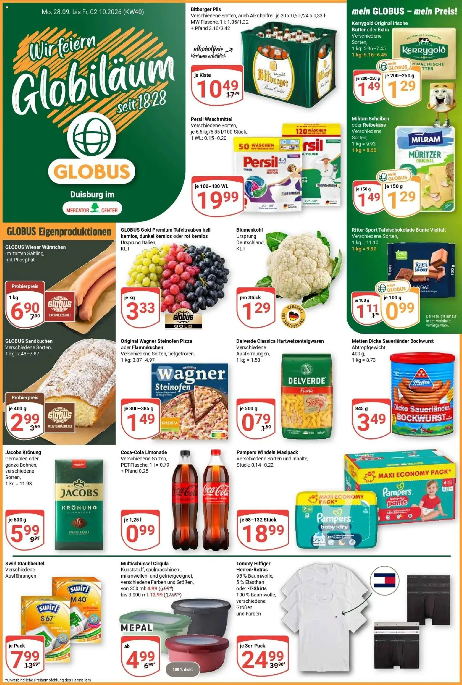 Globus Prospekt Duisburg (ab 28.09.2026) » Angebote online | Seite: 1 | Produkte: Bockwurst, Bitburger, Cola, Ritter sport