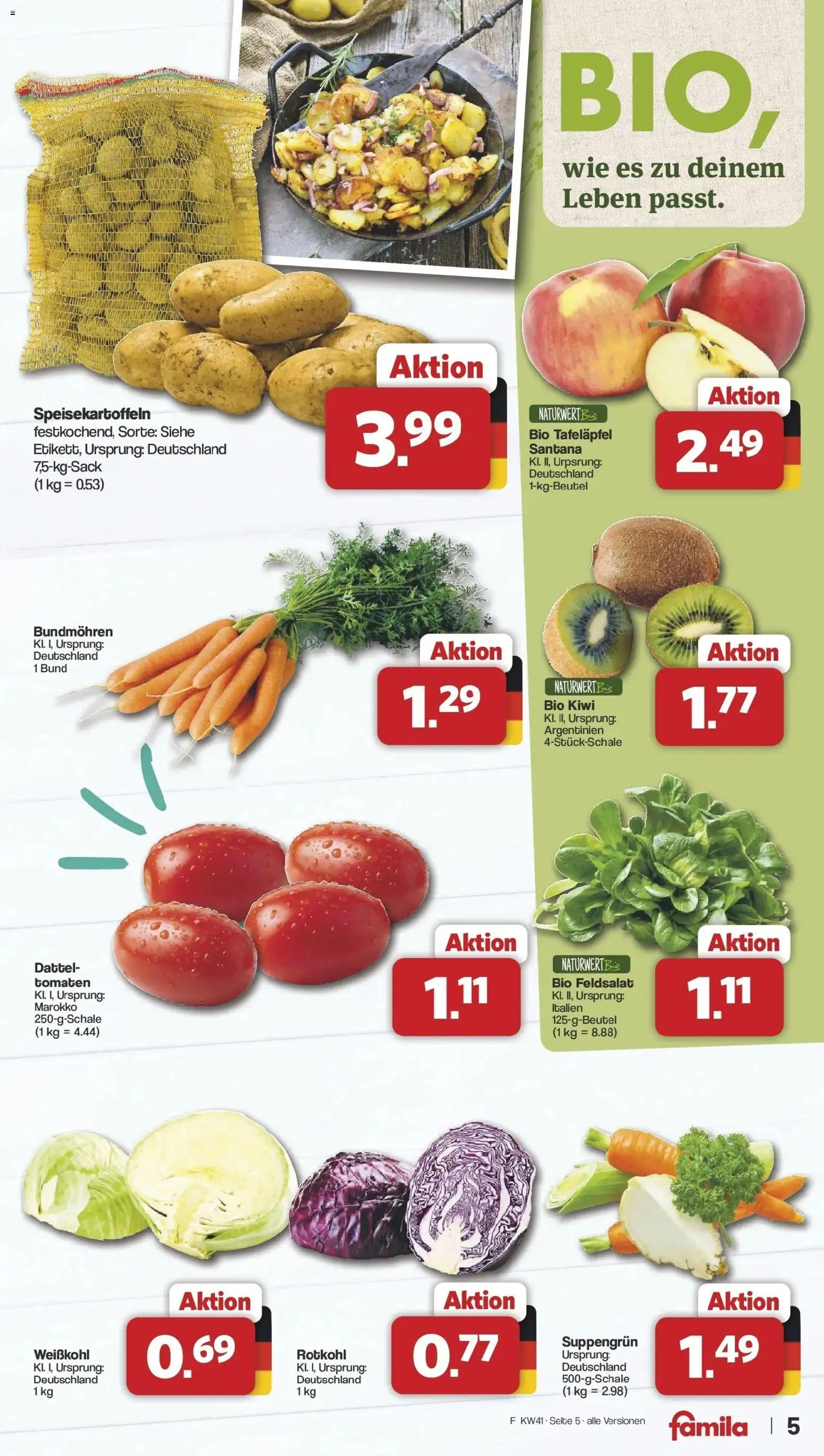 Famila Nordwest Aktueller Prospekt – gültig ab 05.10.2026 | Seite: 5 | Produkte: Rotkohl, Tomaten, Dattel, Kiwi