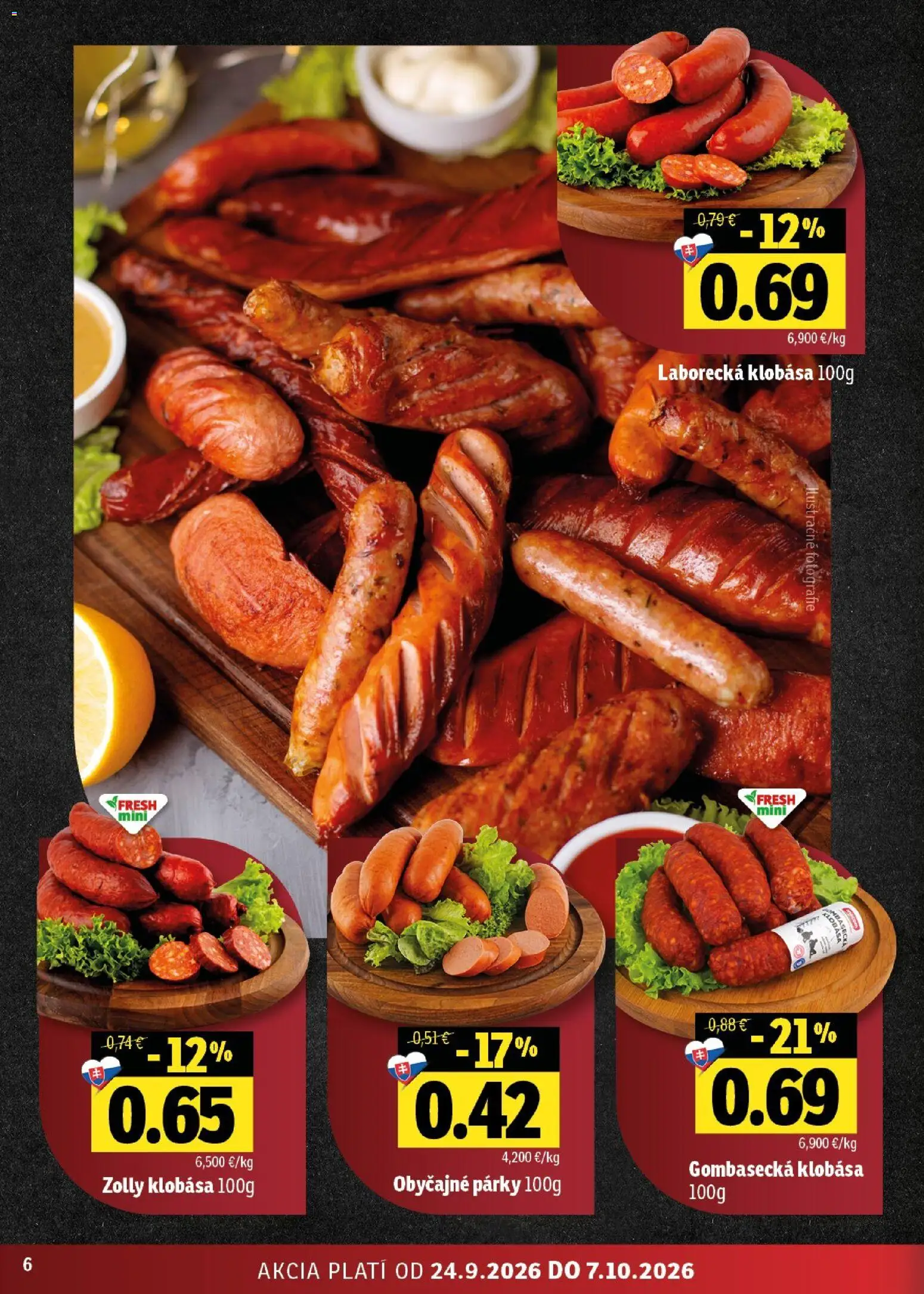 Nové Fresh akcie – leták je platný od 24.09.2026 | Strana: 6 | Produkty: Klobása, Párky
