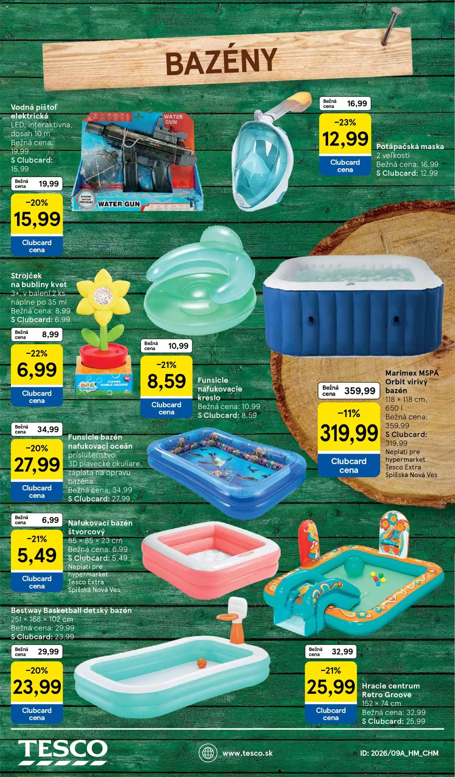 Nové Tesco akcie – leták je platný od 27.04.2026 | Strana: 19 | Produkty: Bazény, Strojček, Nafukovacie kreslo, Maska