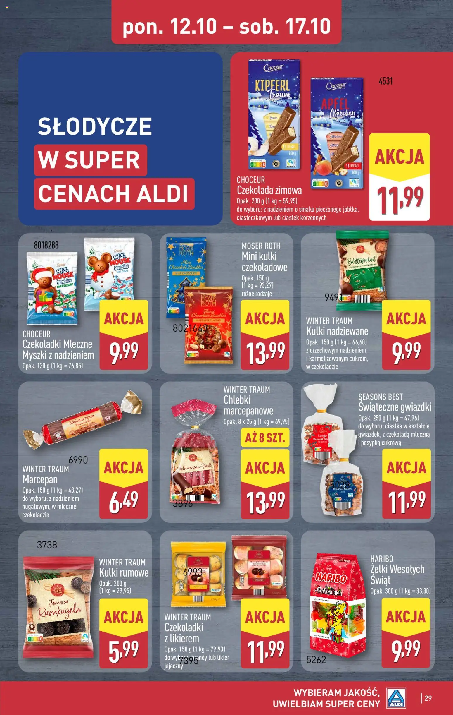 Aldi gazetka od 12.10.2026 | Strona: 29 | Produkty: Czekoladki, Czekolada mleczna, Żelki, Czekolada