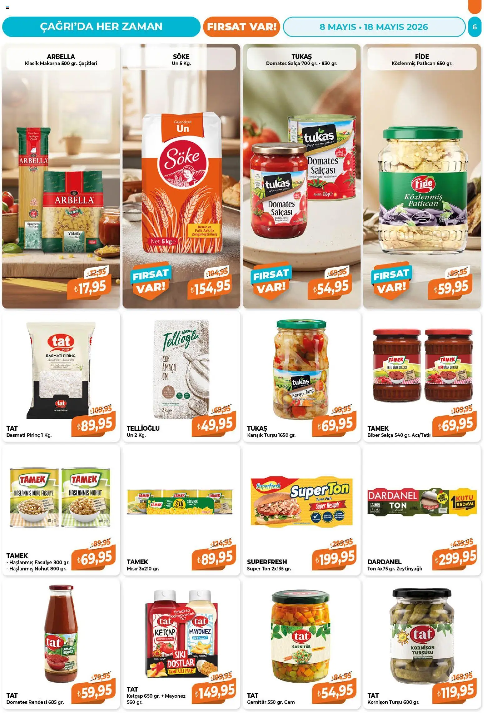 Çağrı Market Katalog - 08.05.2026 tarihinden itibaren geçerlidir | Sayfa: 6 | Ürünler: Süt, Domates, Pirinç, Makarna