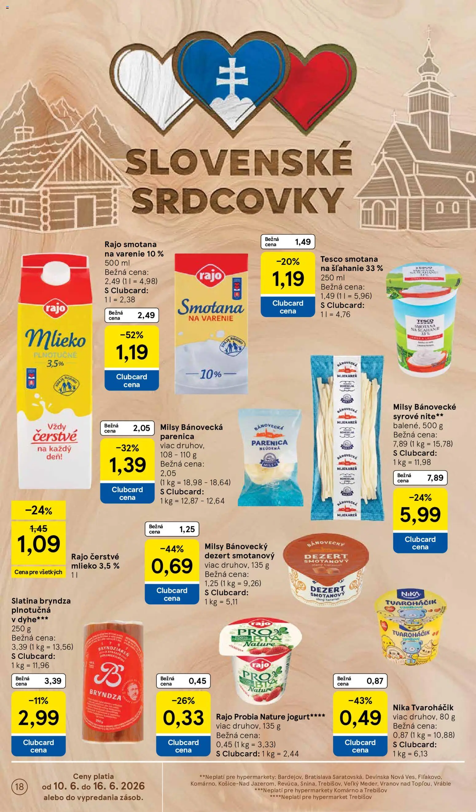 Nové Tesco akcie – leták je platný od 10.06.2026 | Strana: 18 | Produkty: Smotana, Bryndza, Tvaroh, Smotana na šľahanie