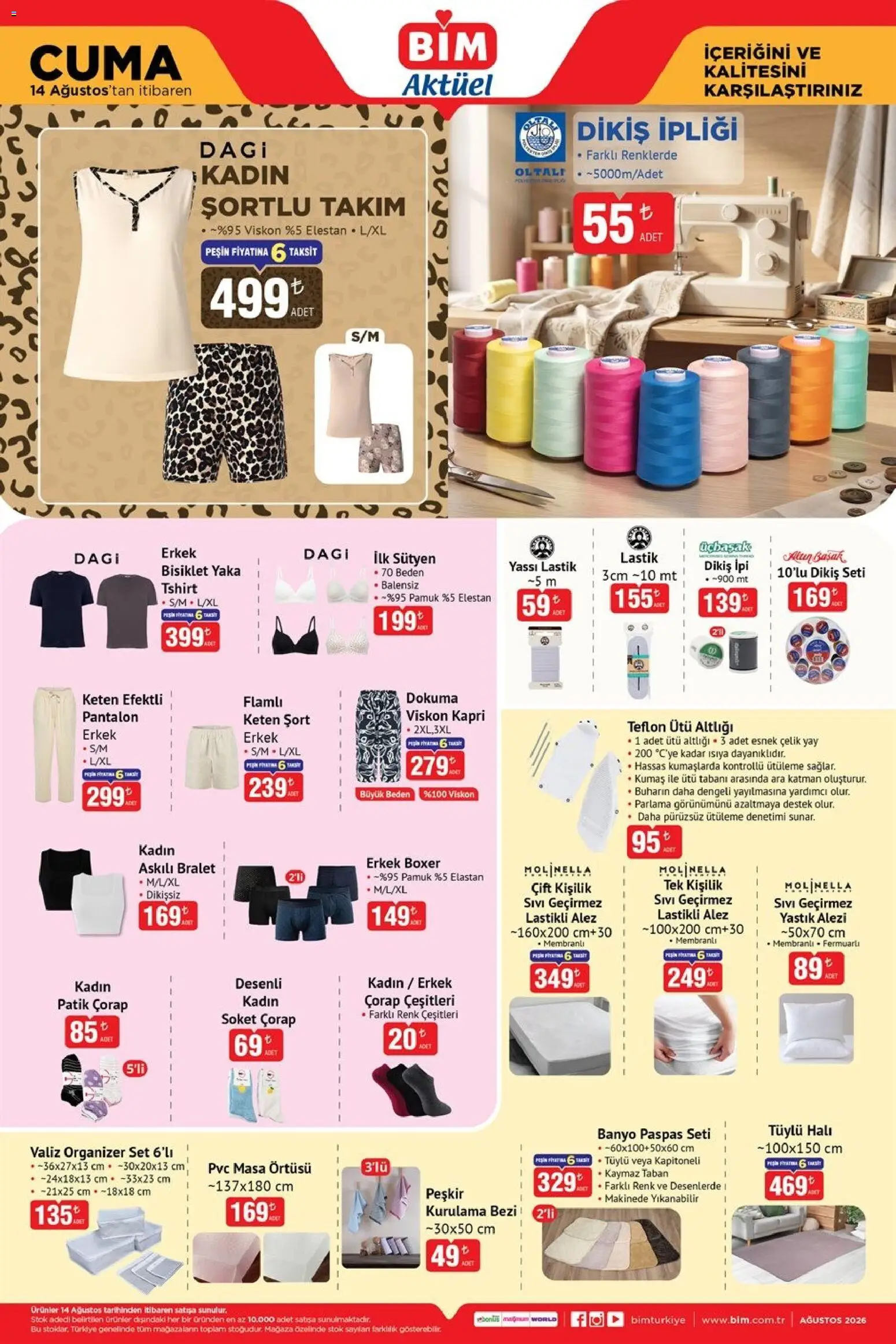 BİM - Katalog Cuma - 14 Ağustos 2026 tarihinden itibaren geçerlidir | Sayfa: 1 | Ürünler: Yastık, Masa, Halı, Şort