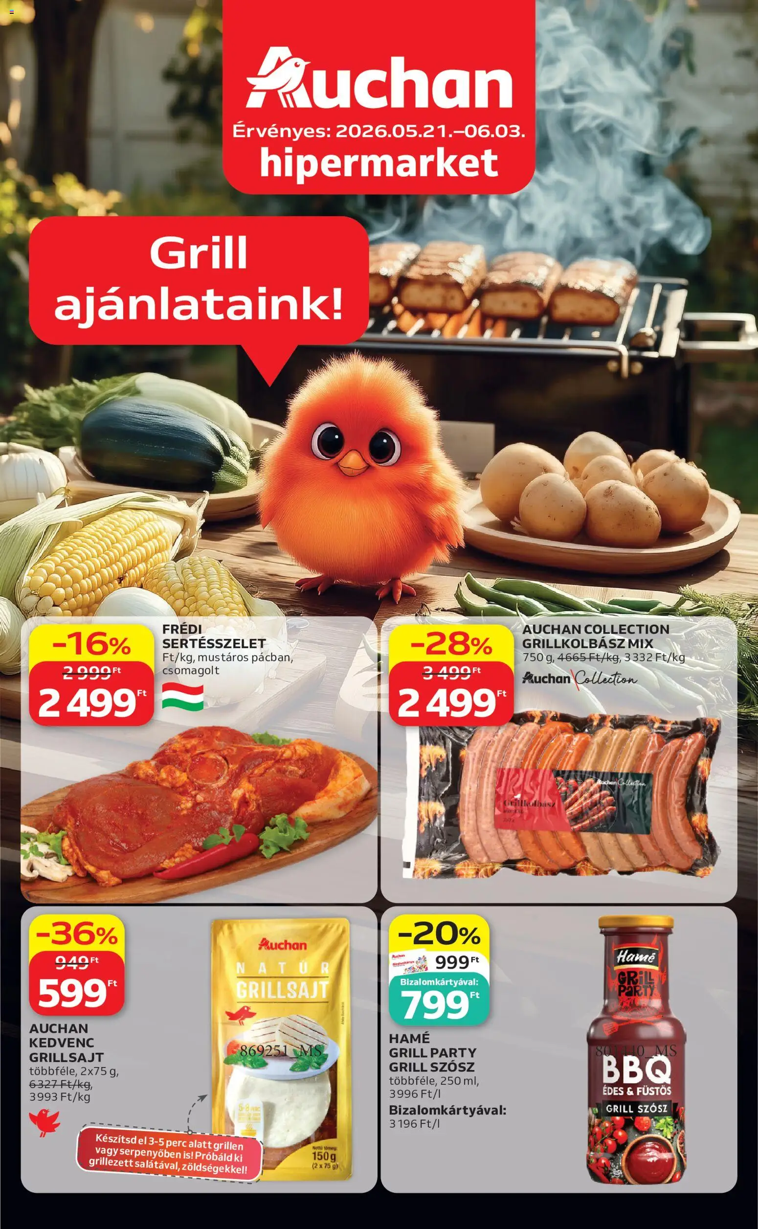Auchan akciós ujság - amely érvényes a következő dátumtól: 21.05.2026 | Oldal: 1 | Termékek: Grillkolbász, Grill, Grillsajt, Szósz