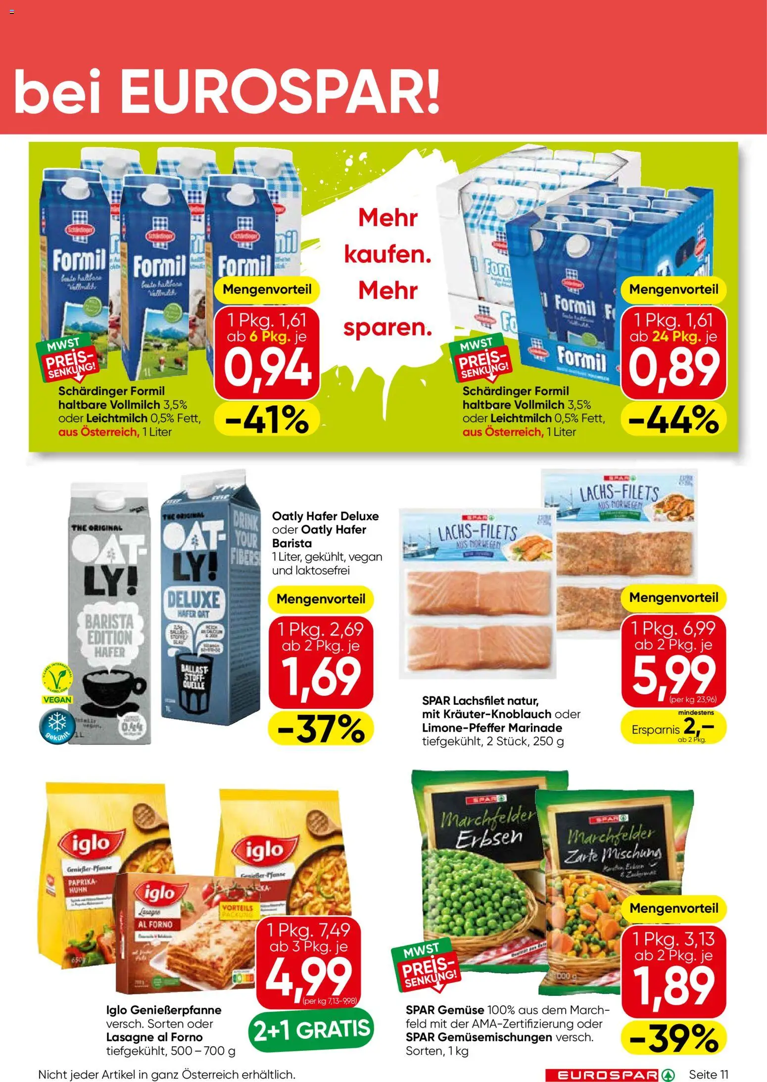 Eurospar Flugblatt gültig ab 08.10.2026 | Seite: 11 | Produkte: Gemüse, Erbsen, Vollmilch, Lachsfilet