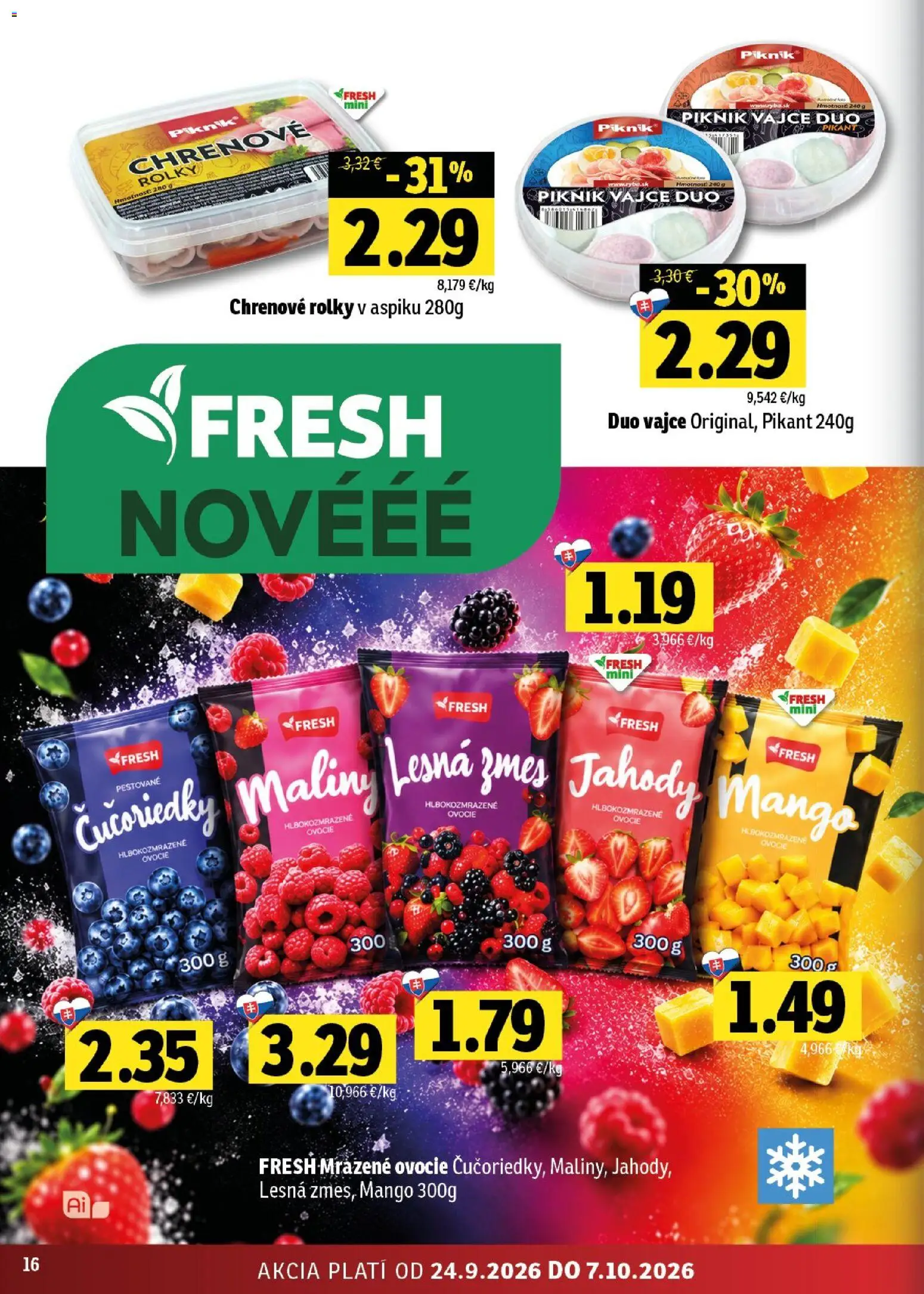 Nové Fresh akcie – leták je platný od 24.09.2026 | Strana: 16 | Produkty: Čučoriedky, Jahody, Maliny, Ovocie