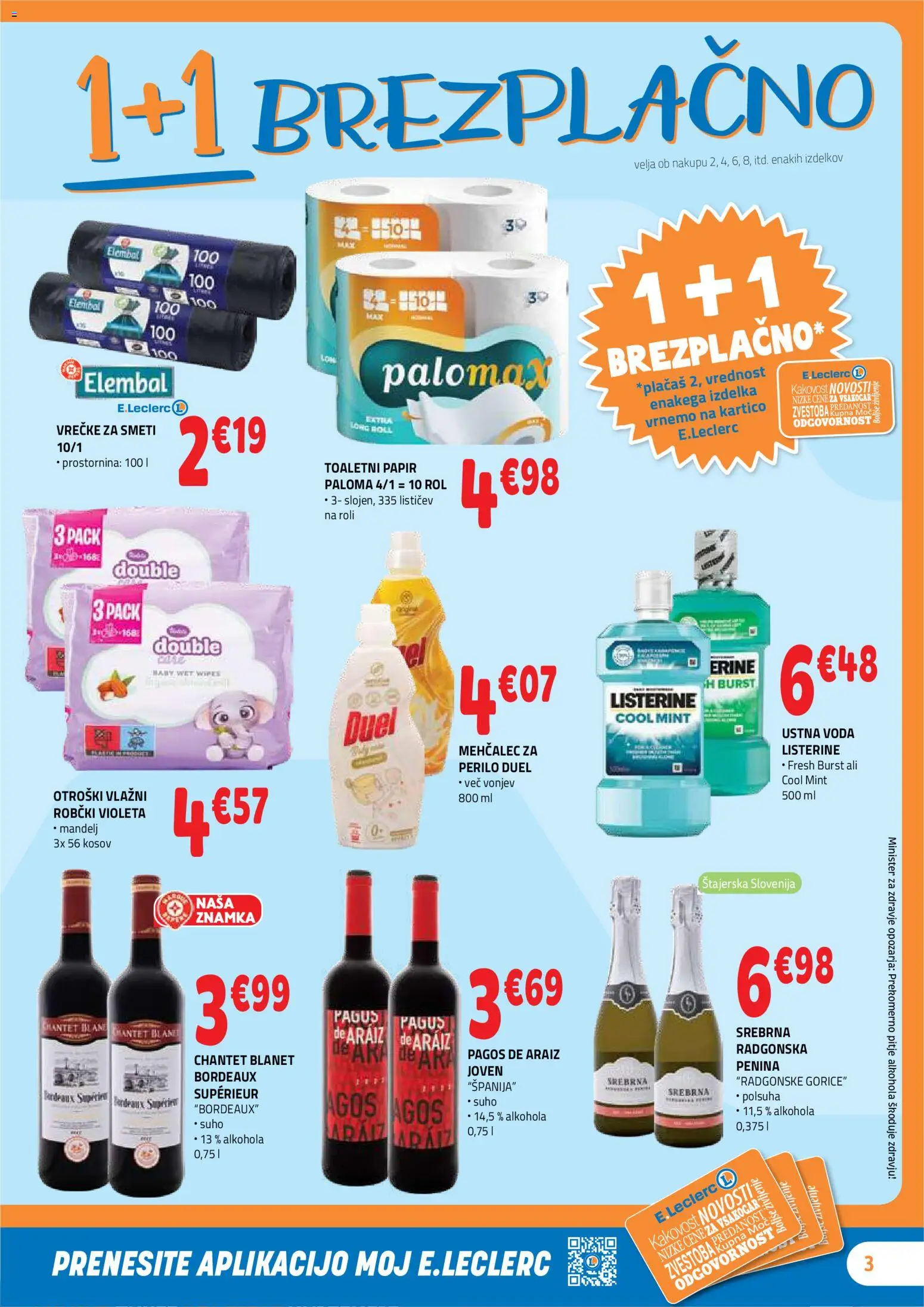 Novi E.leclerc katalog ponudbe – veljaven od 19.08.2026 | Stran: 3 | Izdelki: Mehčalec, Toaletni papir, Robčki, Penina