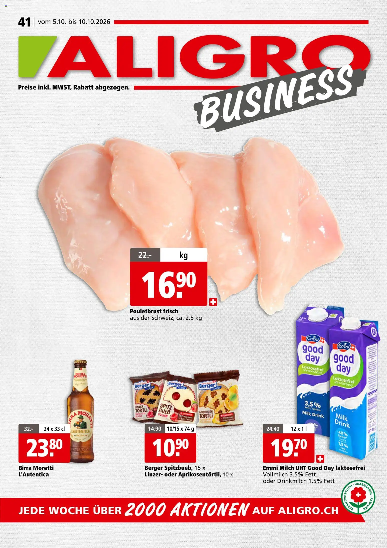 Aligro aktionen Business Schlieren, Gossau SG, Frauenfeld, Rapperswil-Jona, Sargans, Bern – gültig ab 05.10.2026 | Seite: 1 | Produkte: Pouletbrust, Milch