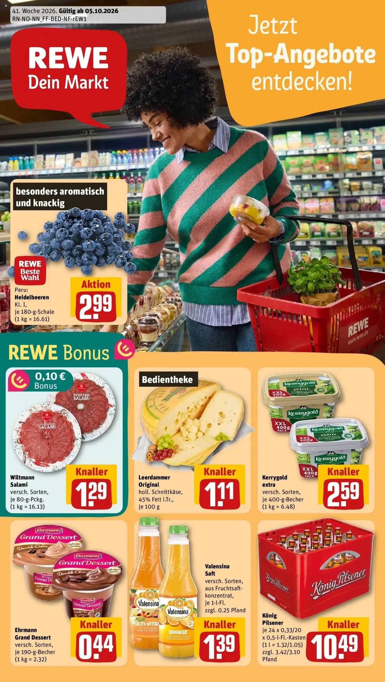 REWE Prospekt ab 05.10.2026 zum Blättern » Angebote | Seite: 1 | Produkte: Leerdammer, Valensina, Salami, Fruchtsaft