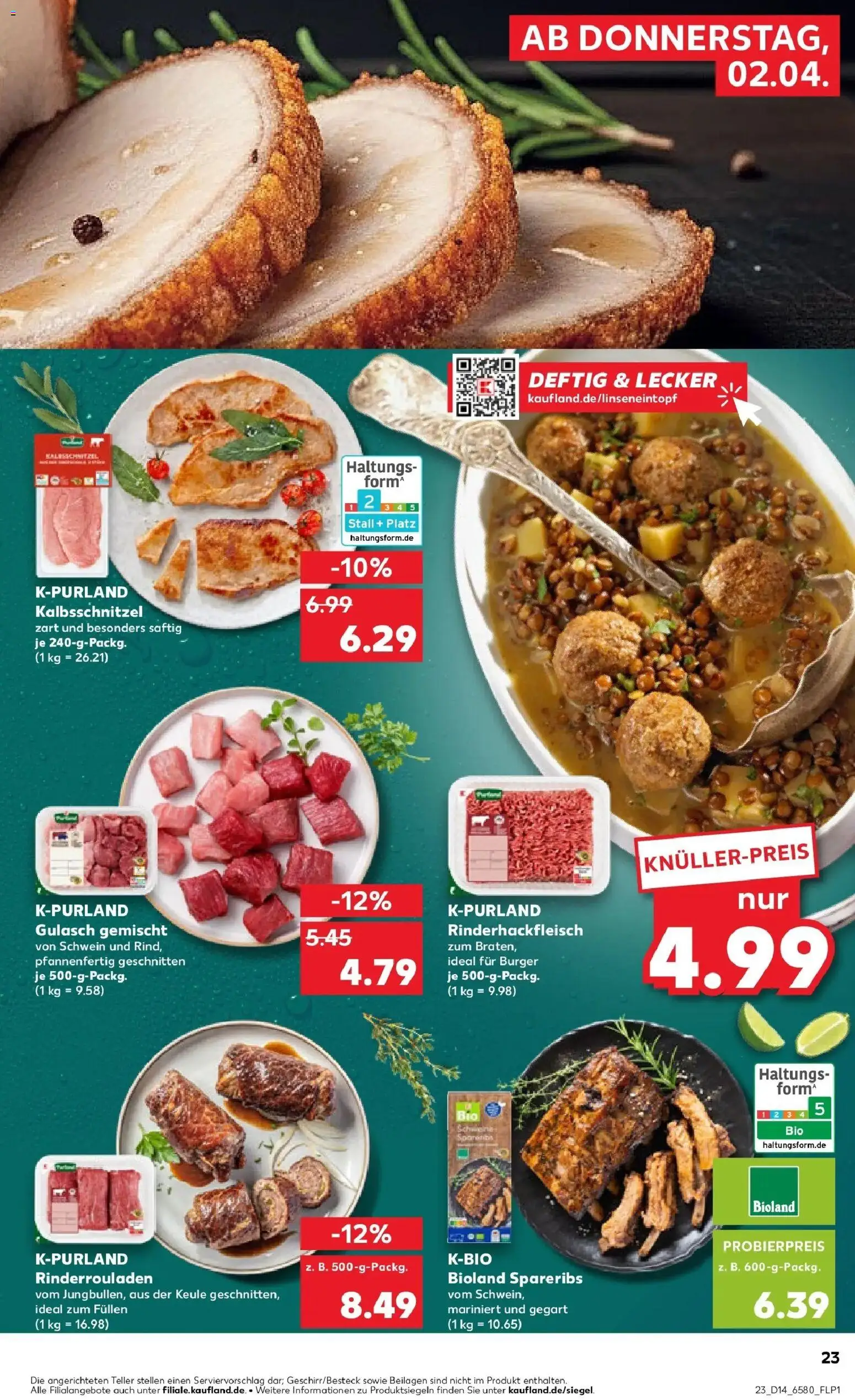 Kaufland Prospekt Flensburg	 – gültig ab 02.04.2026 | Seite: 23 | Produkte: Rinderrouladen, Burger, Gulasch