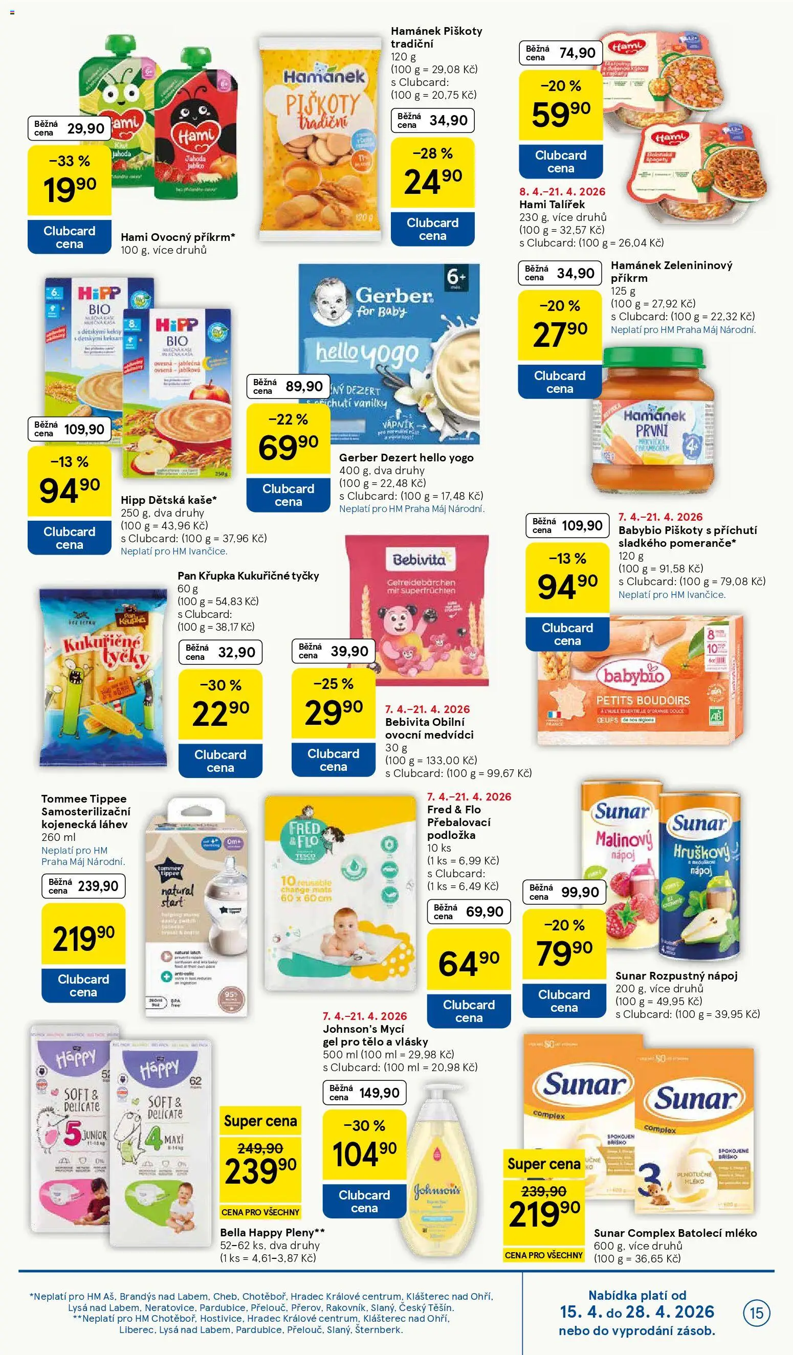 Tesco leták - Hypermarket od 15.04.2026 | Strana: 15 | Produkty: Příkrm, Hamánek, Pleny, Láhev