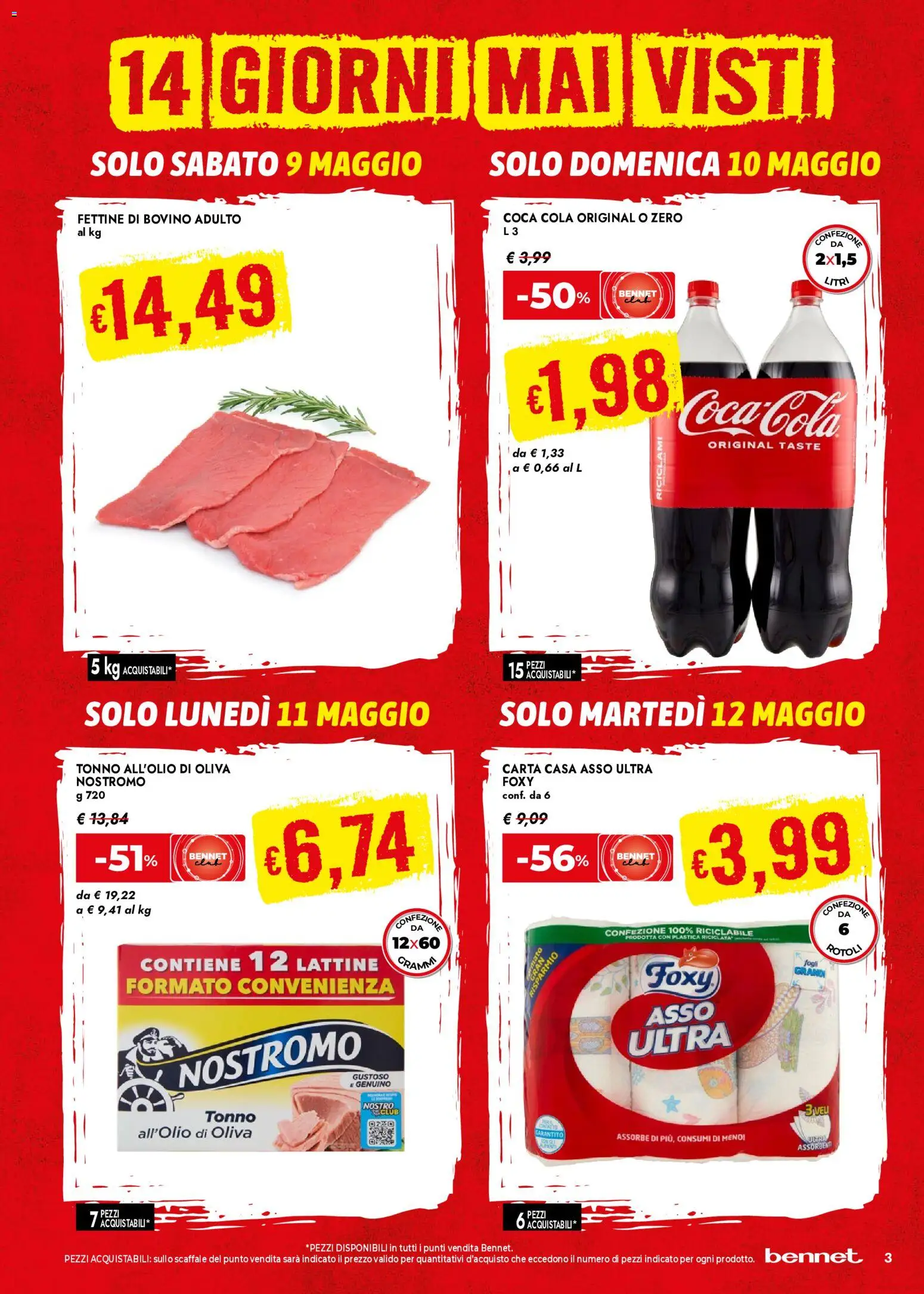 Volantino bennet del 07.05.2026 | Pagina: 3 | Prodotti: Bovino, Tonno, Scaffale, Coca Cola