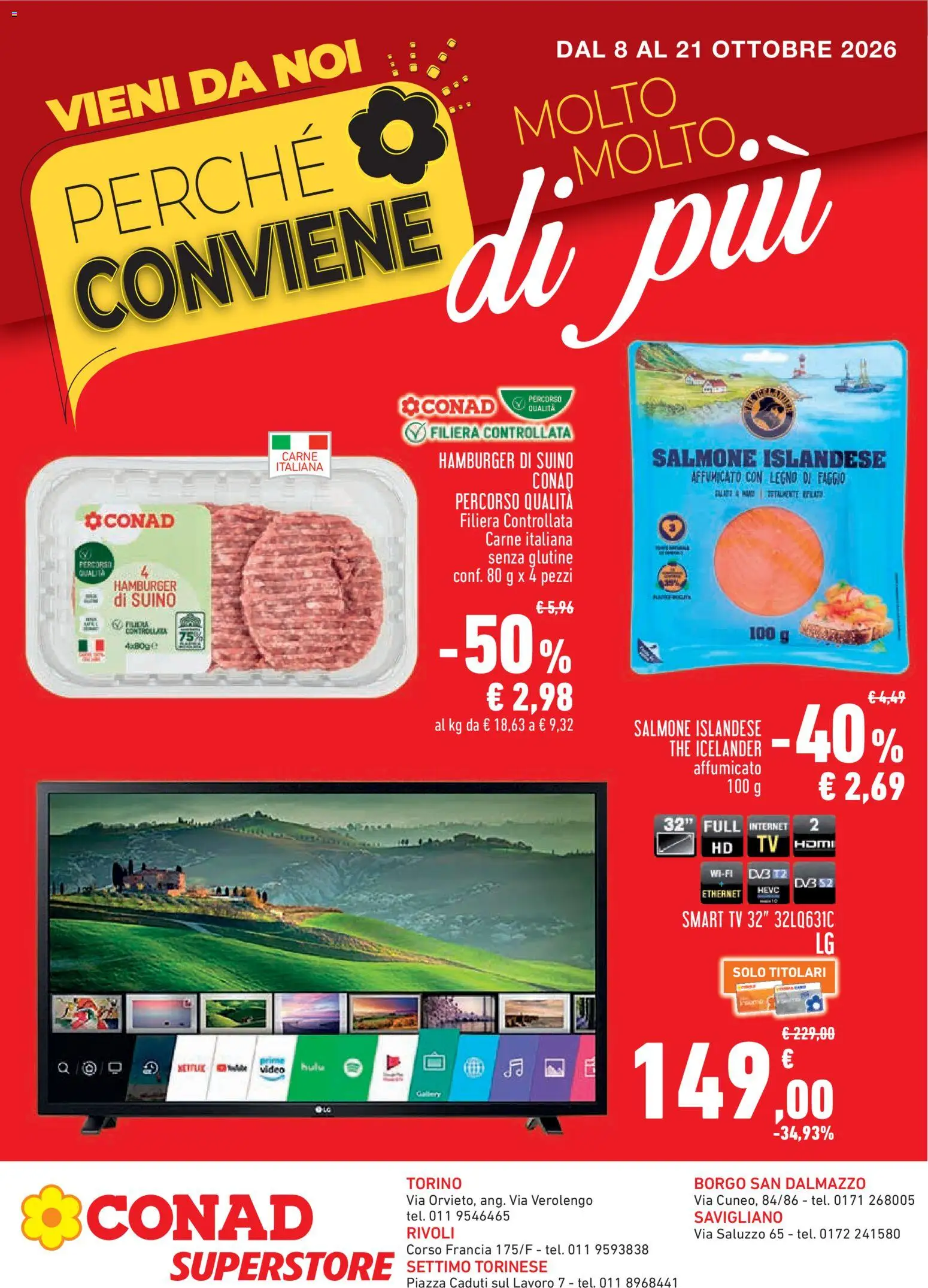 Volantino Conad del 08/10/2026 | Pagina: 1 | Prodotti: The, Video, Carne, Hamburger
