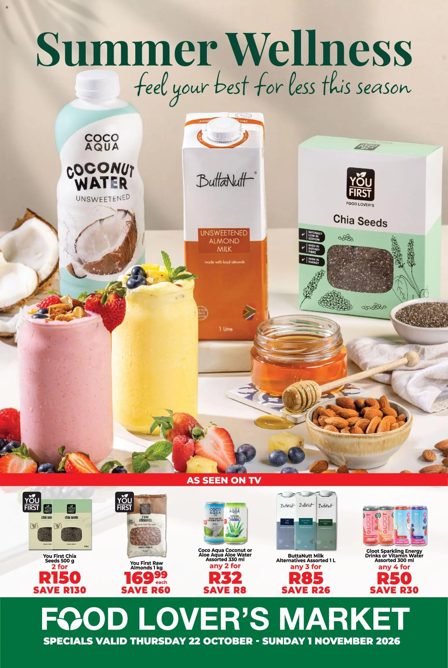 New Food Lover's Market catalogue – valid from 22/10/2026 | Page: 1 | Products: Almonds, TV, Milk, Water