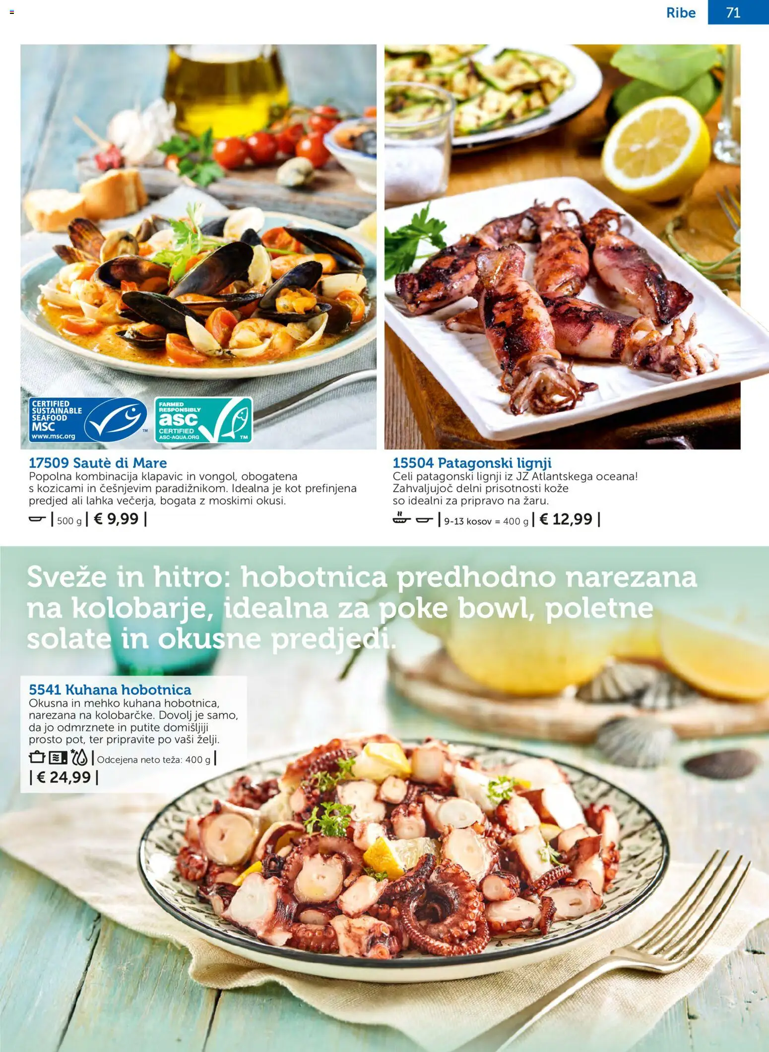 Novi Bofrost katalog ponudbe – veljaven od 04.03.2026 | Stran: 71 | Izdelki: Lignji, Teza, Hobotnica, Ribe